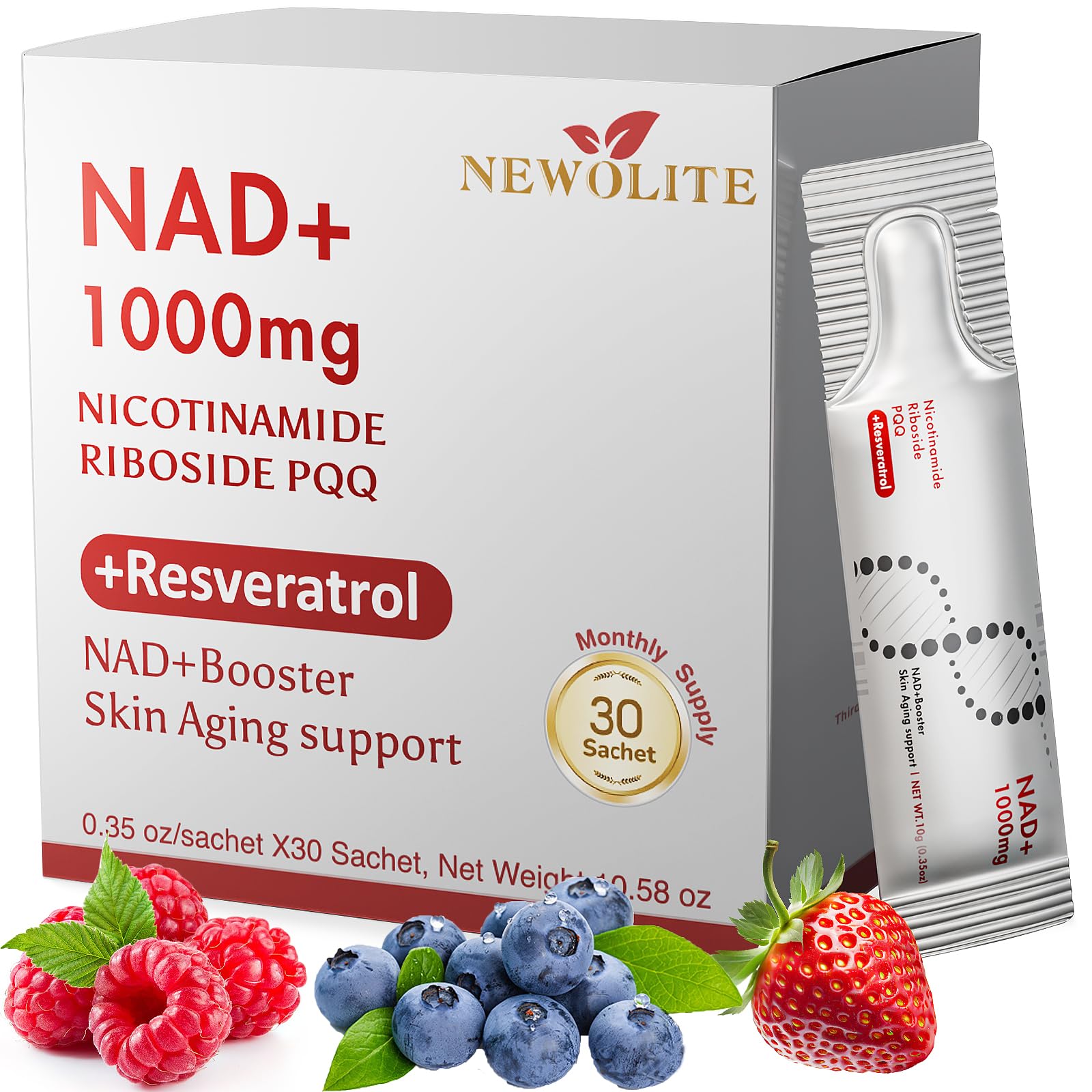 NAD+ Liquid Supplement 1000mg 30 Sachet, Nicotinamide Riboside & Resveratrol with PQQ DNA Repair Advanced NAD Supplement for Men & Women,Boosts Cellular Energy NEWOLITE uk supplements