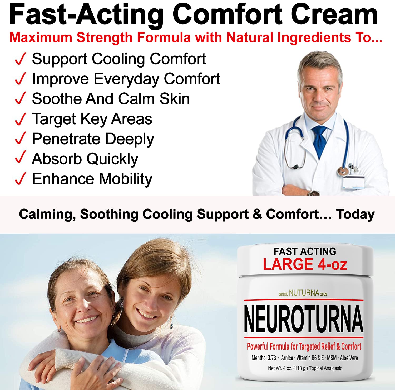 Nuturna Nerve Cream - Fast Acting Comfort for Feet, Hands, Legs & Toes - Ultra Strength Menthol, Arnica, Aloe Vera, MSM - Cooling Soothing Comfort - Non-Greasy, Paraben-Free - 4 oz Nuturna uk supplements