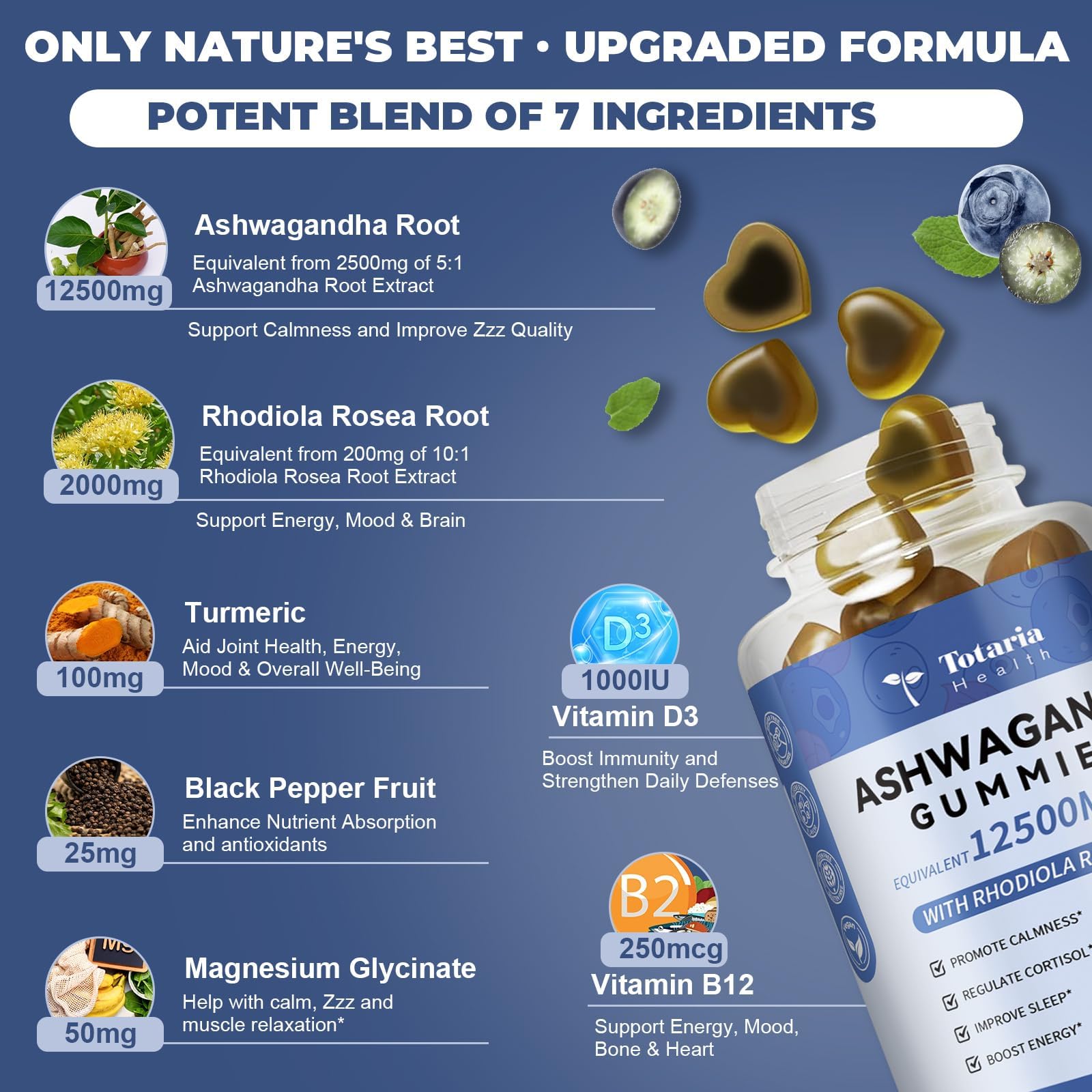 (2 Packs) Sugar Free Ashwagandha Filled Gummies w/Vitamin D3, Magnesium Glycinate, Rhodiola, Ultra Strength Ashwa Root Supplements for Women & Wen, for Relaxation, Energy, Cortisol Gummies Totaria uk supplements