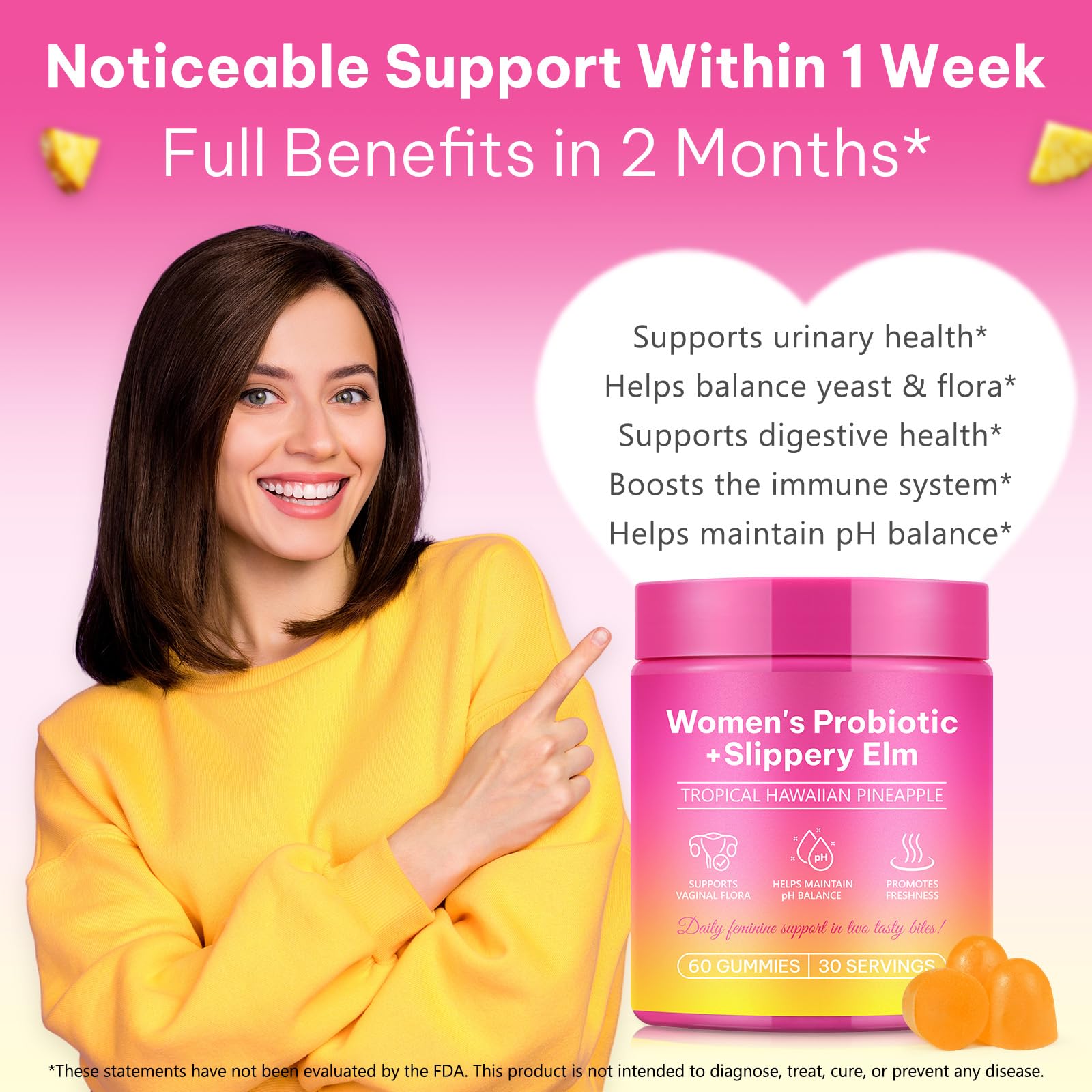 WeiWeiLa Feminine Probiotics Gummies for Women Probiotic Gummies with Slippery Elm | Natural Pineapple Flavor | Supports Feminine pH Balance & Comfort | 60 Vegan Gummie for Daily Wellness WeiWeiLa uk supplements