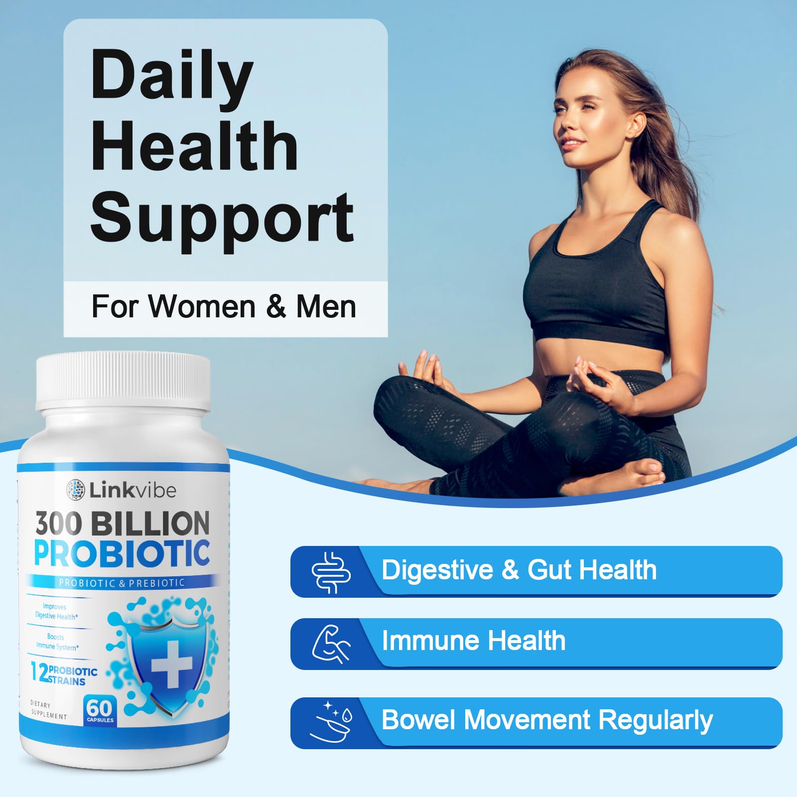 Probiotic 300 Billion CFU - 12 Strains with Organic Prebiotics for Digestive & Gut, Immune, Bloating Health - Probiotics for Women and Men - Daily Dairy Free, Shelf Stable - 60 Counts Linkvibe uk supplements