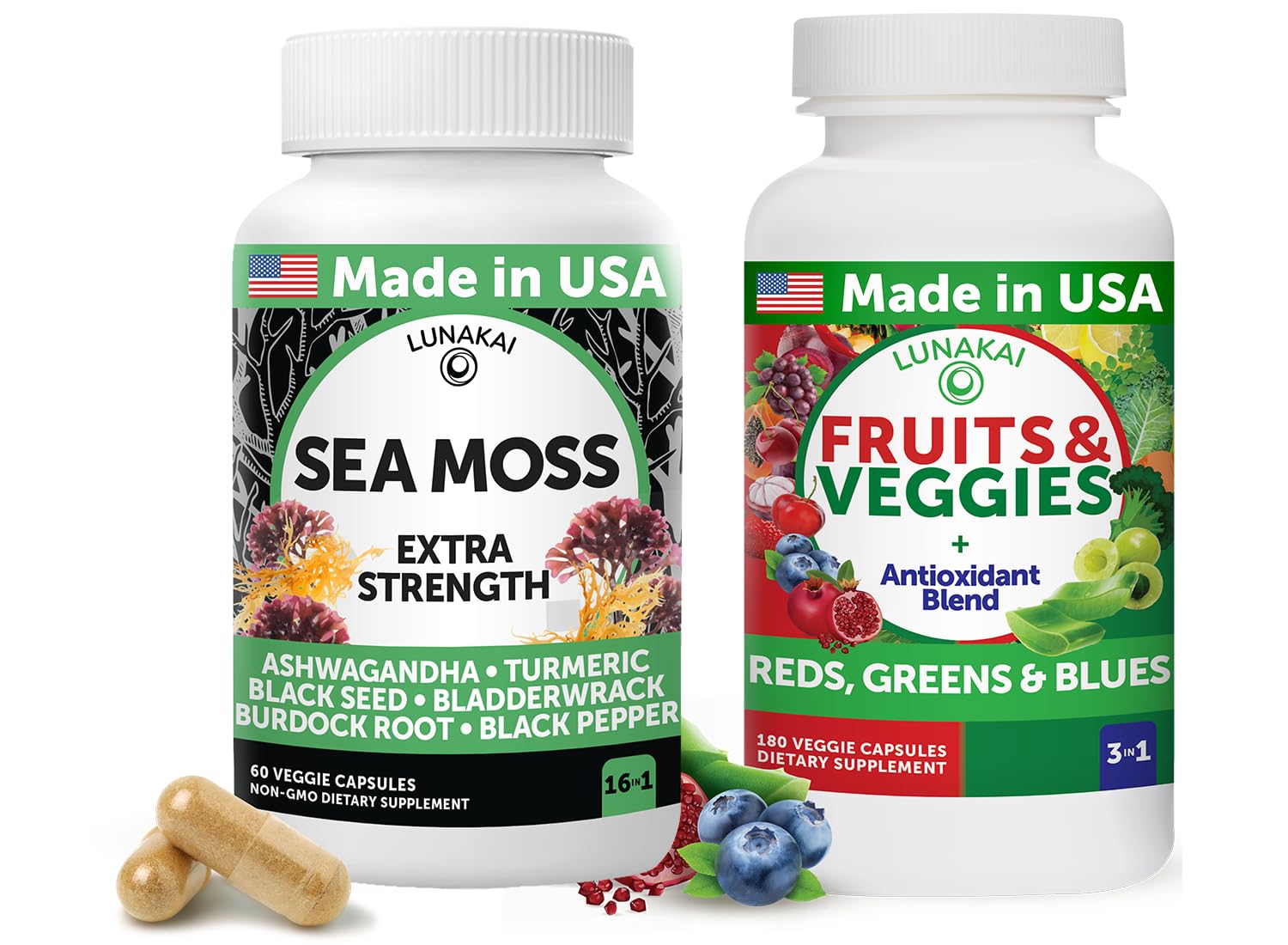 Lunakai USA Made Superfood Fruits & Veggies Supplement & Irish Sea Moss Bundle with 4 Blends, Black Seed Oil & Ashwagandha for Immune & Wellness Support Lunakai uk supplements
