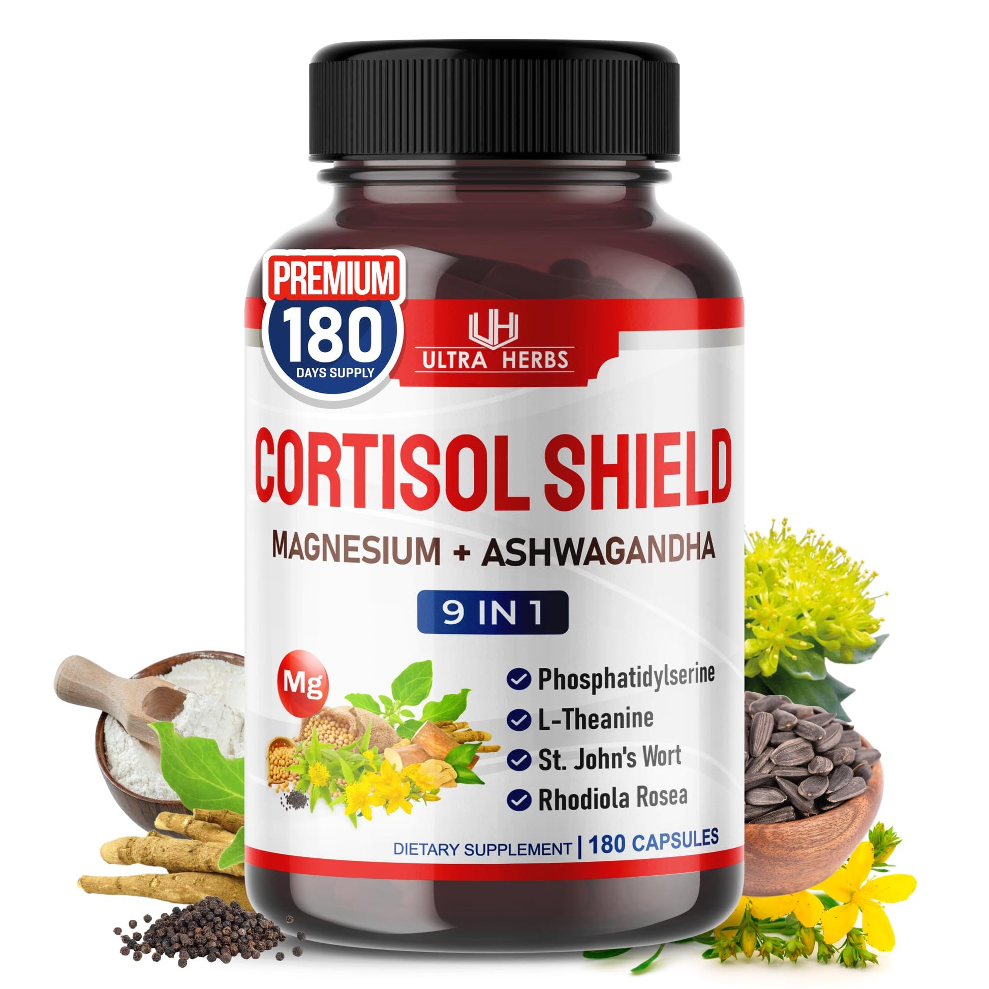 CORTISOL Shield 9-in-1 -Magnesium + Ashwagandha with Phosphatidylserine, L-Theanine, St. John's Wort, Rhodiola Rosea - Relaxation Support, Hormone Balance (180 Count (Pack of 1)) ULTRA HERBS uk supplements