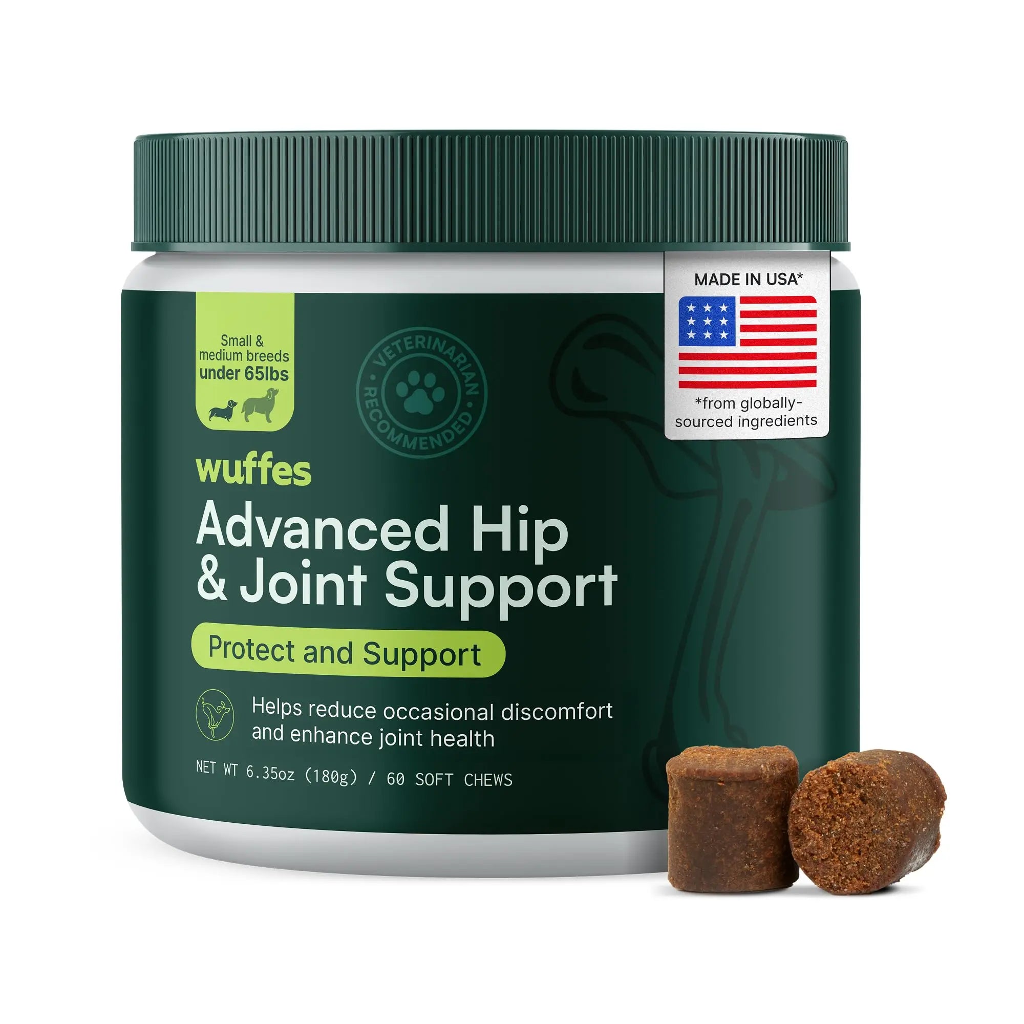Wuffes Advanced Dog Hip and Joint Supplement with Glucosamine, Chondroitin, Omega 3, MSM, and Green Lipped Mussel, 60 Pork Flavored Chews for Small and Medium Dog Breeds Wuffes uk supplements