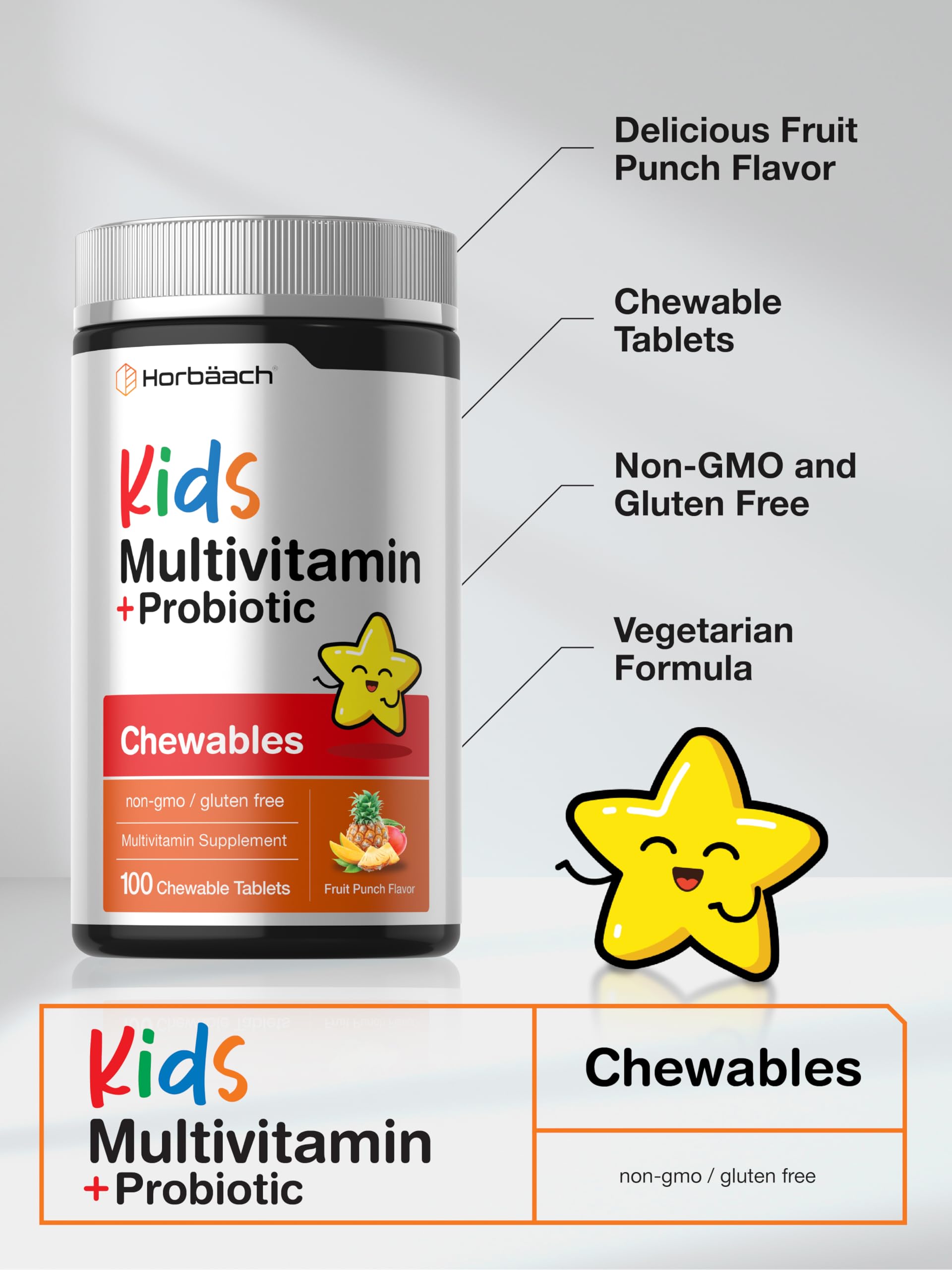 Horbäach Kids Multivitamin with Probiotics | 100 Chewable Tablets | Fruit Punch Flavor | Vegetarian, Non-GMO, Gluten Free Children's Supplement Horbäach uk supplements