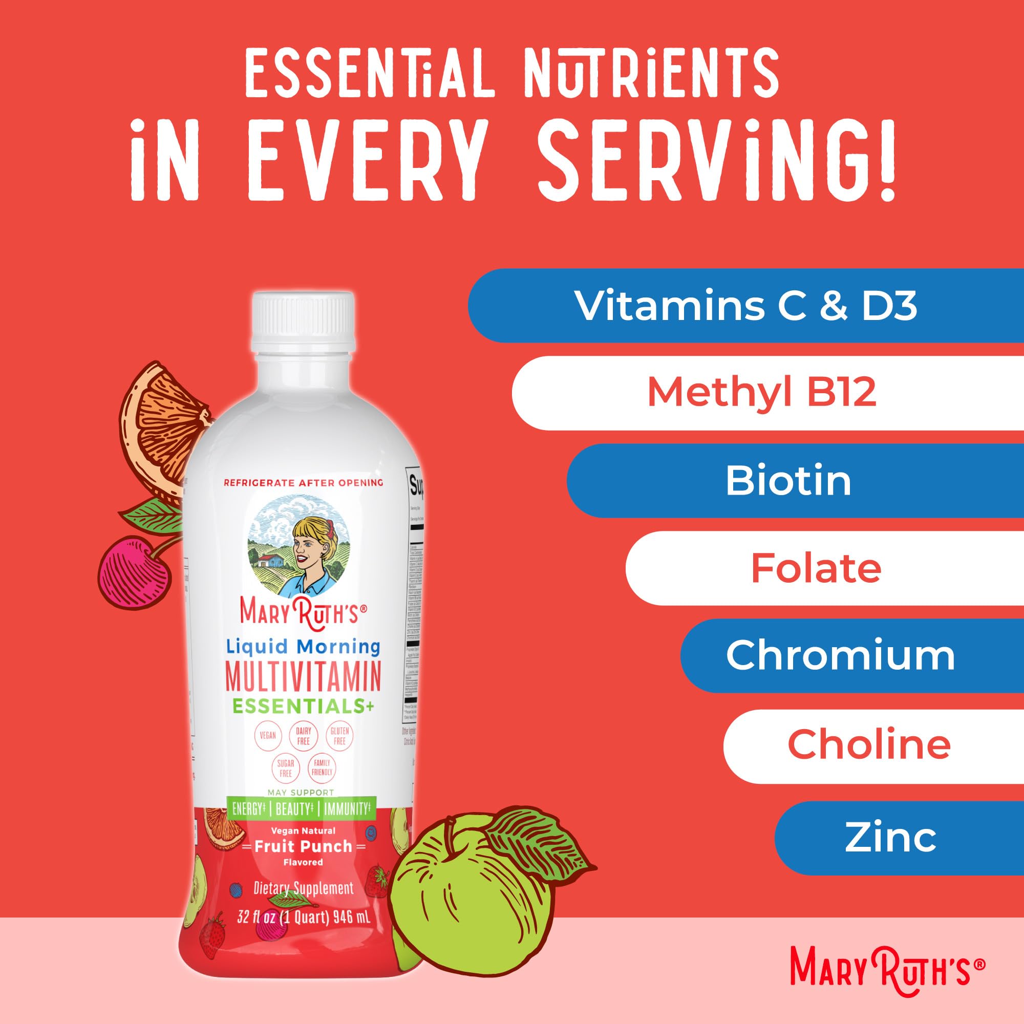 MaryRuth Organics Liquid Morning Multivitamin Essentials+ | Vitamin A C D E B6 B12 Biotin Zinc, Mens Womens Multivitamin, Immune Support, Beauty | Sugar Free | Vitamins for Ages 1+ | Vegan | 32 Fl Oz MARYRUTH'S uk supplements