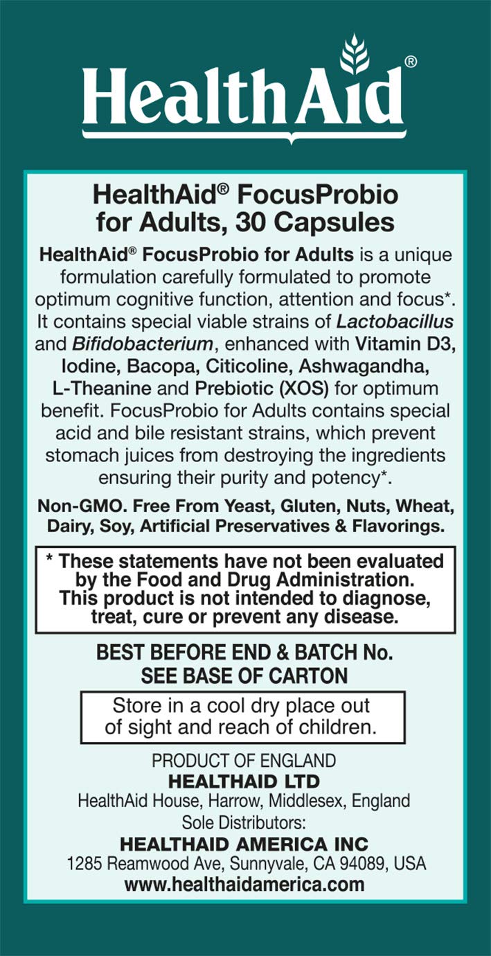 FocusProbio for Adults – 10 Billion CFU Probiotic with Prebiotic, Bacopa, Citicoline, L‑Theanine, Ashwagandha & Vitamin D₃ | Supports Focus, Mood & Gut-Brain Balance – Vegetarian, Once Daily HealthAid uk supplements