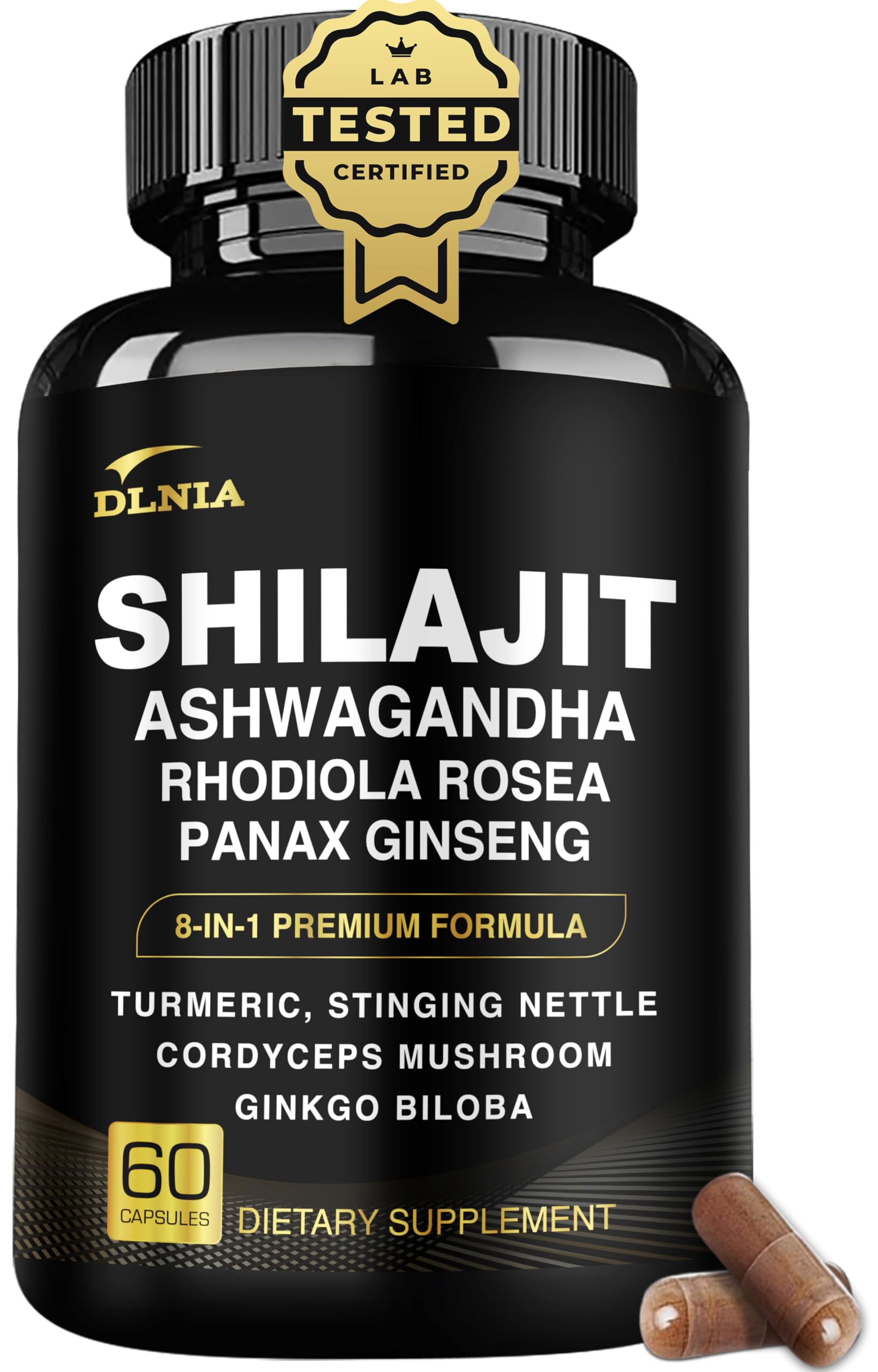 DLNIA 8-in-1 Shilajit for Men & Women with Ashwaganda Himalayan Organic Supplement with Rhodiola Rosea, Ginseng, Turmeric, Mushroom, for Immune Support, Energy, Calm, Focus, Clarity, Sleep, Cortisol DLNIA uk supplements
