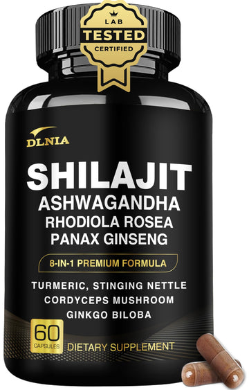 DLNIA 8-in-1 Shilajit for Men & Women with Ashwaganda Himalayan Organic Supplement with Rhodiola Rosea, Ginseng, Turmeric, Mushroom, for Immune Support, Energy, Calm, Focus, Clarity, Sleep, Cortisol DLNIA uk supplements