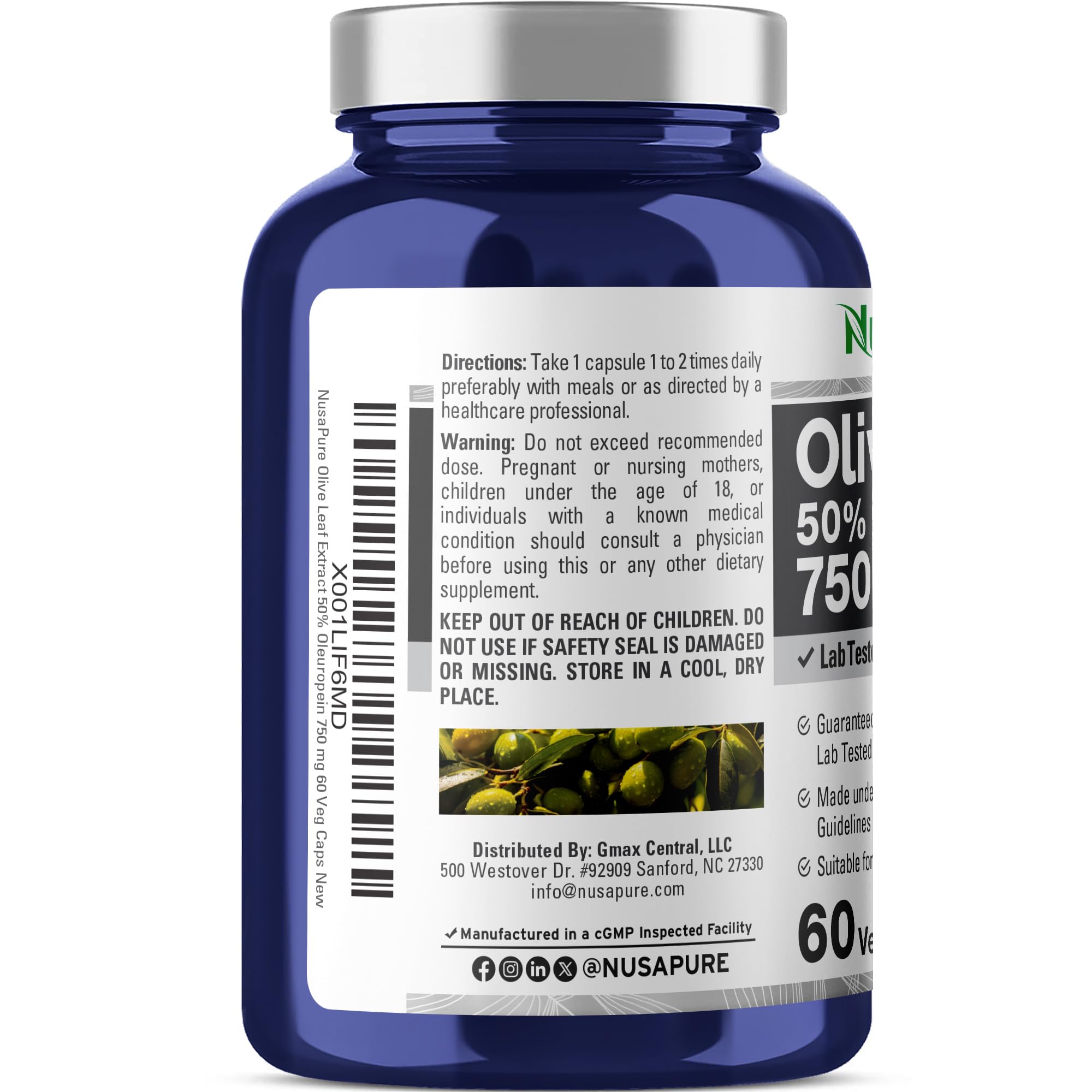 NusaPure Olive Leaf Extract 750 mg - 50% Oleuropein - Vegan and Vegetarian Non-GMO - Super Strength - No Oil - 60 Capsules NusaPure uk supplements