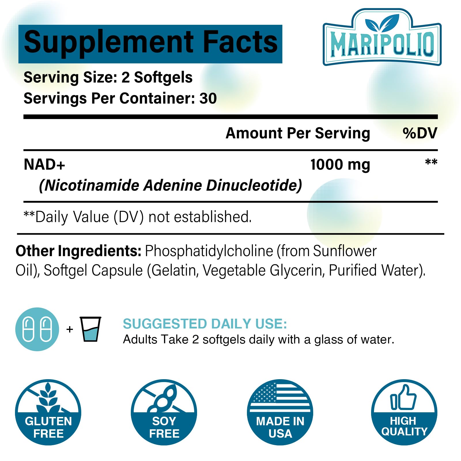 Maripolio Liposomal NAD+ 1000 mg Supplement | High Bioavailability Liposomal Delivery | Cellular Energy & Wellness Support | Pure NAD+ Dietary Supplement for Men,Women, 60 Softgels Maripolio uk supplements