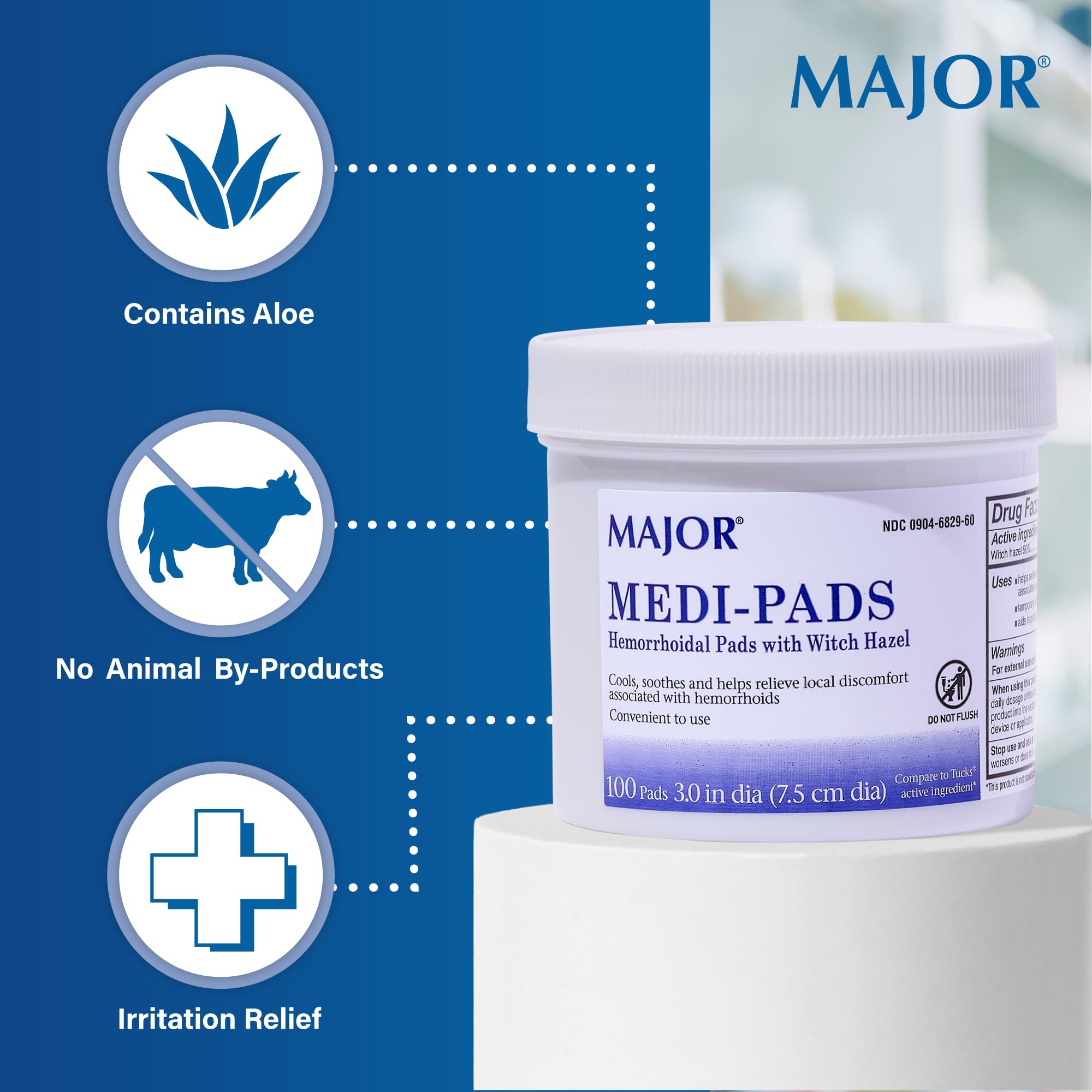 MAJOR Medi-Pads - Hemorrhoidal Hygienic Cleansing Witch Hazel Pads - Cooling Relief with Aloe - 100 Count Jar (2 Pack) MAJOR uk supplements