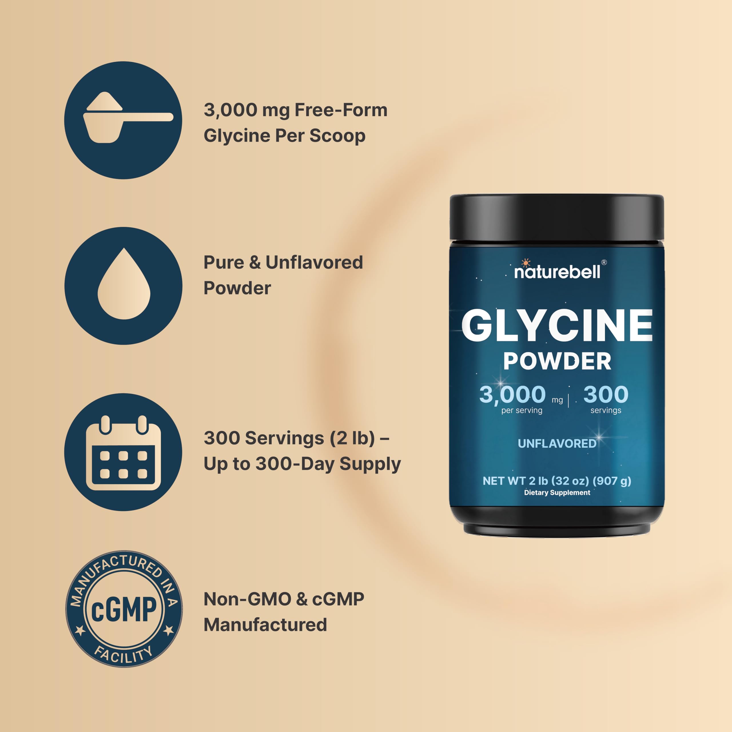 Glycine Powder, 300 Servings (2 lb) – 3,000 mg Free-Form Glycine Per Serving – Unflavored Pure Powder – Non-GMO, cGMP Manufactured NatureBell uk supplements