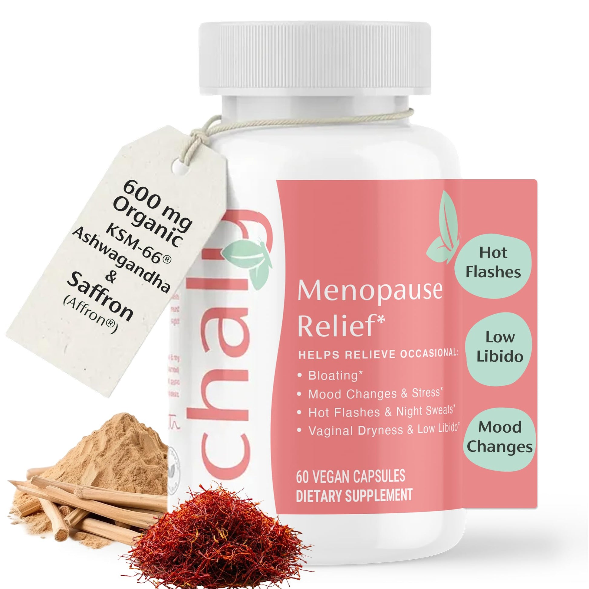 Chaly Menopause Supplements for Women with Ashwagandha KSM 66 and Saffron | Hot Flash, Bloating, Libido, Vaginal Dryness, Stress, and Mood Support Supplement | Menopause Relief Supplements | 60 Count Chaly uk supplements