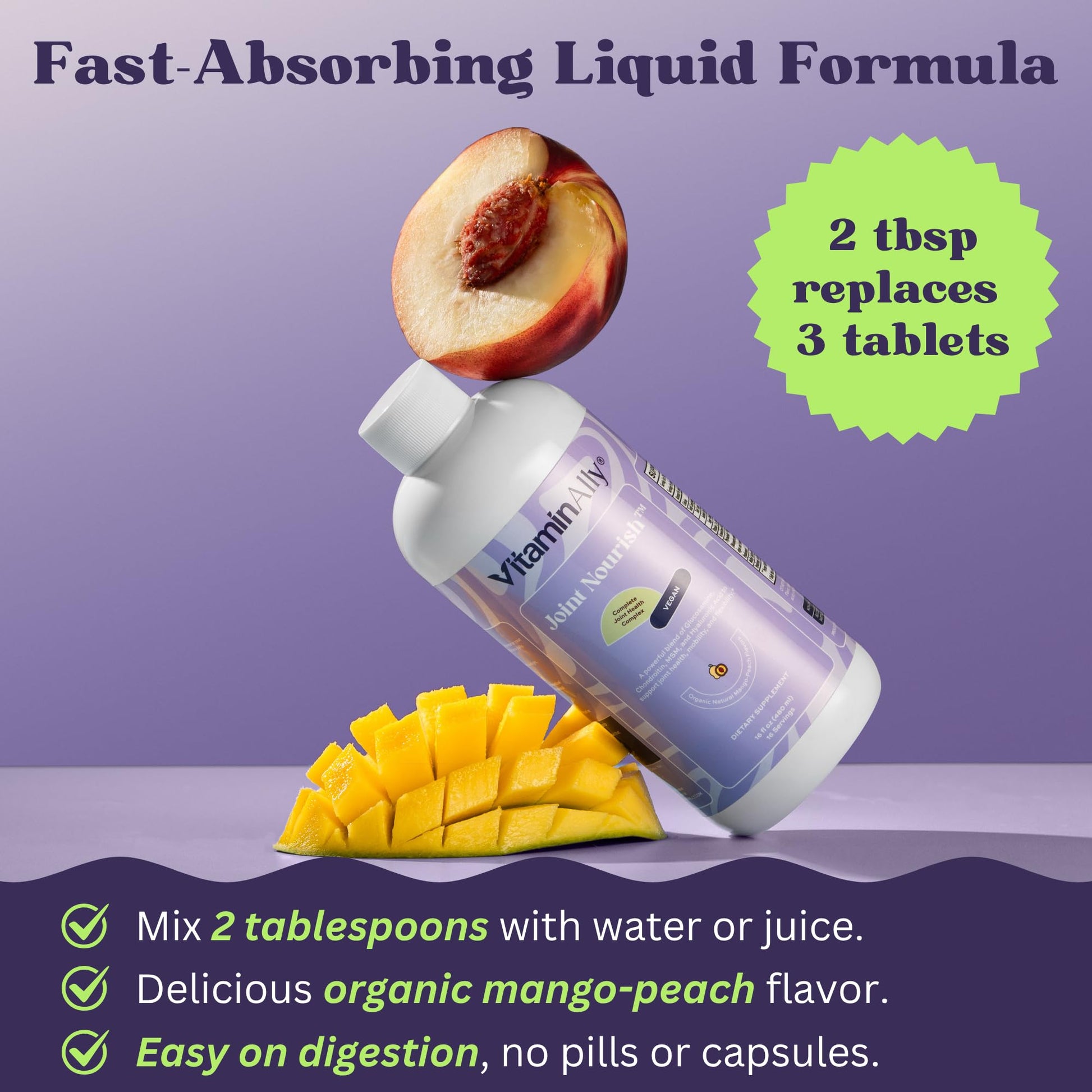 Joint Nourish – 100% Vegan Liquid Joint Supplement | Vegan Glucosamine, Chondroitin, MSM, Hyaluronic Acid & Vitamin C | Mango-Peach | Supports Joint Mobility, Cartilage & Skin | Sugar-Free,16 Servings Vitaminally uk supplements