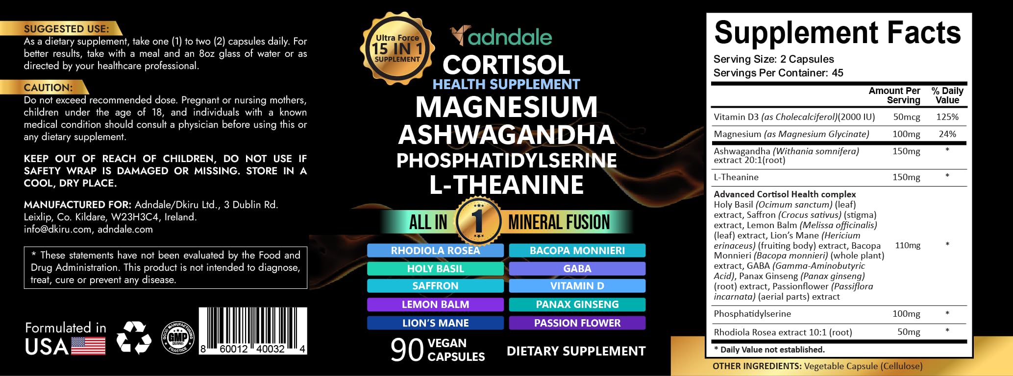 Adndale Cortisol Supplements for Women. Cortisol Reducer 14-in-1 Ashwagandha Supplement with Magnesium Glycinate, L-Theanine & More. 90 Capsules. Adndale uk supplements
