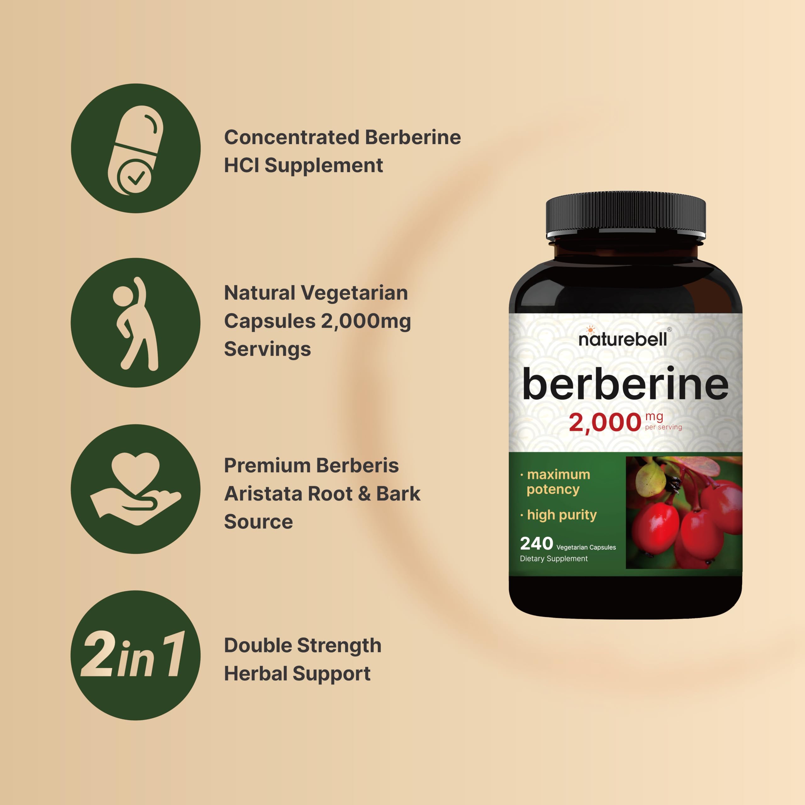 Berberine Supplement 500mg Per Capsule (2,000mg Per Serving) | 240 Veggie Capsules, 97% Pure Berberine HCL – Plant Based, Vegan, Non-GMO NatureBell uk supplements