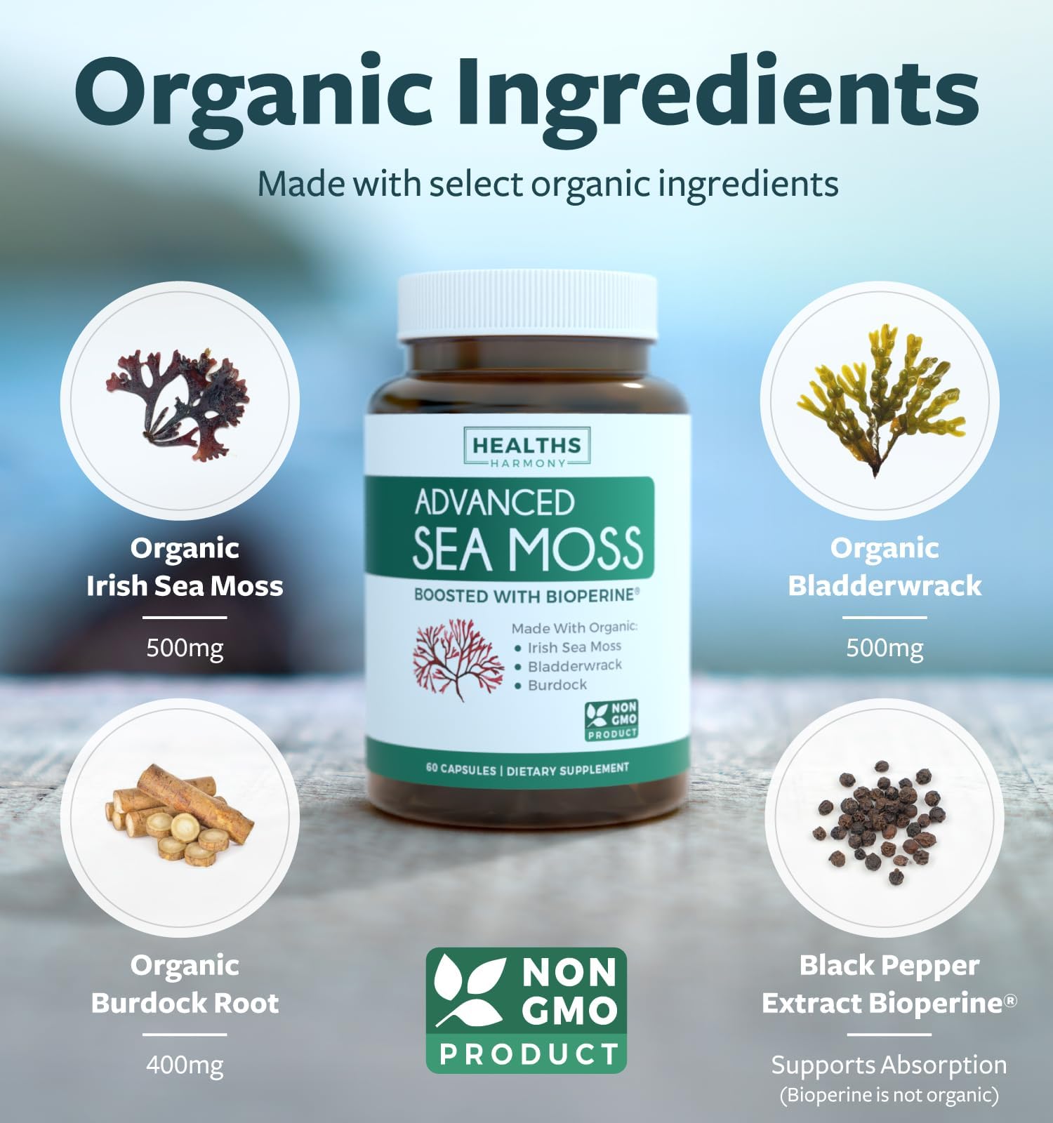 Organic Irish Sea Moss Capsules - Organic Sea Moss Capsules with Bladderwrack Burdock Root and Black Pepper Extract for Enhanced Absorption - Vegan Non-GMO & Made in the USA (1 Month Supply) Healths Harmony uk supplements