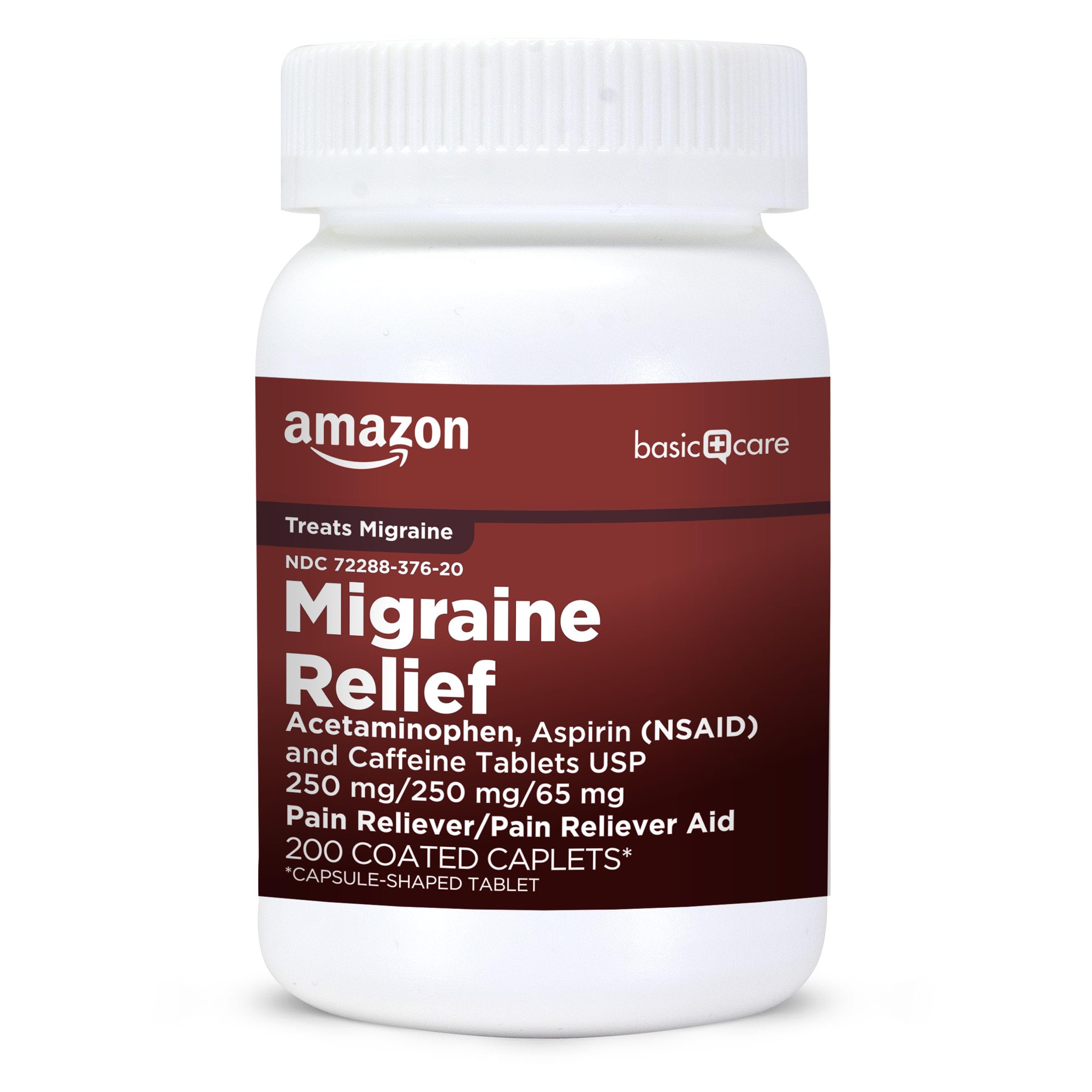 Amazon Basic Care Migraine Relief Acetaminophen, Aspirin (NSAID) and Caffeine Tablets, Pain Reliever/Pain Reliever Aid, 200 Count Amazon Basic Care uk supplements