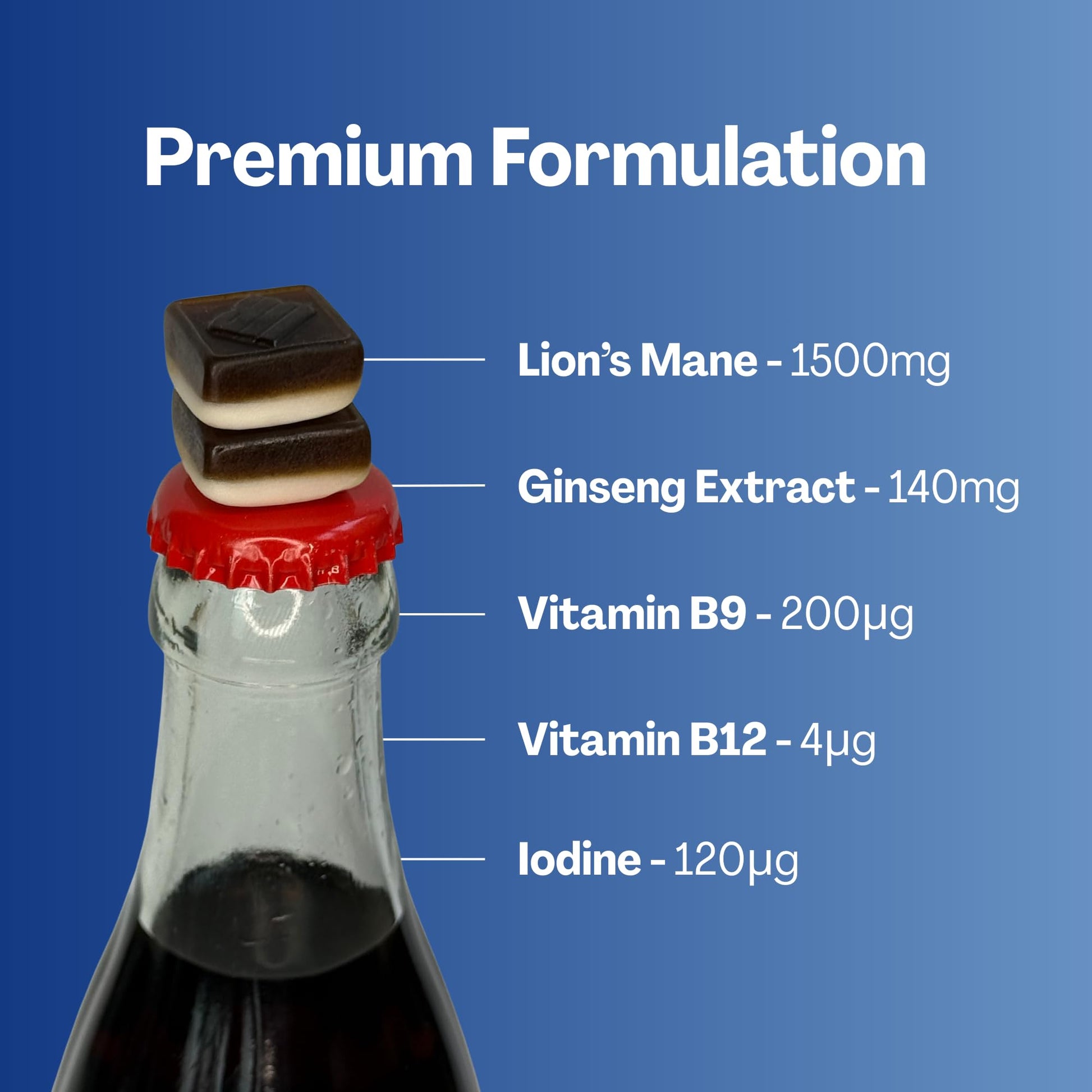URVI 1500mg Lion's Mane Gummies with Ginseng, Folate 5-MTHF, B12 & Iodine – Focus Nootropic Brain Supplement Boosts Memory, Focus & Energy – Sugar-Free – Cola Flavor – 60 Count URVI uk supplements