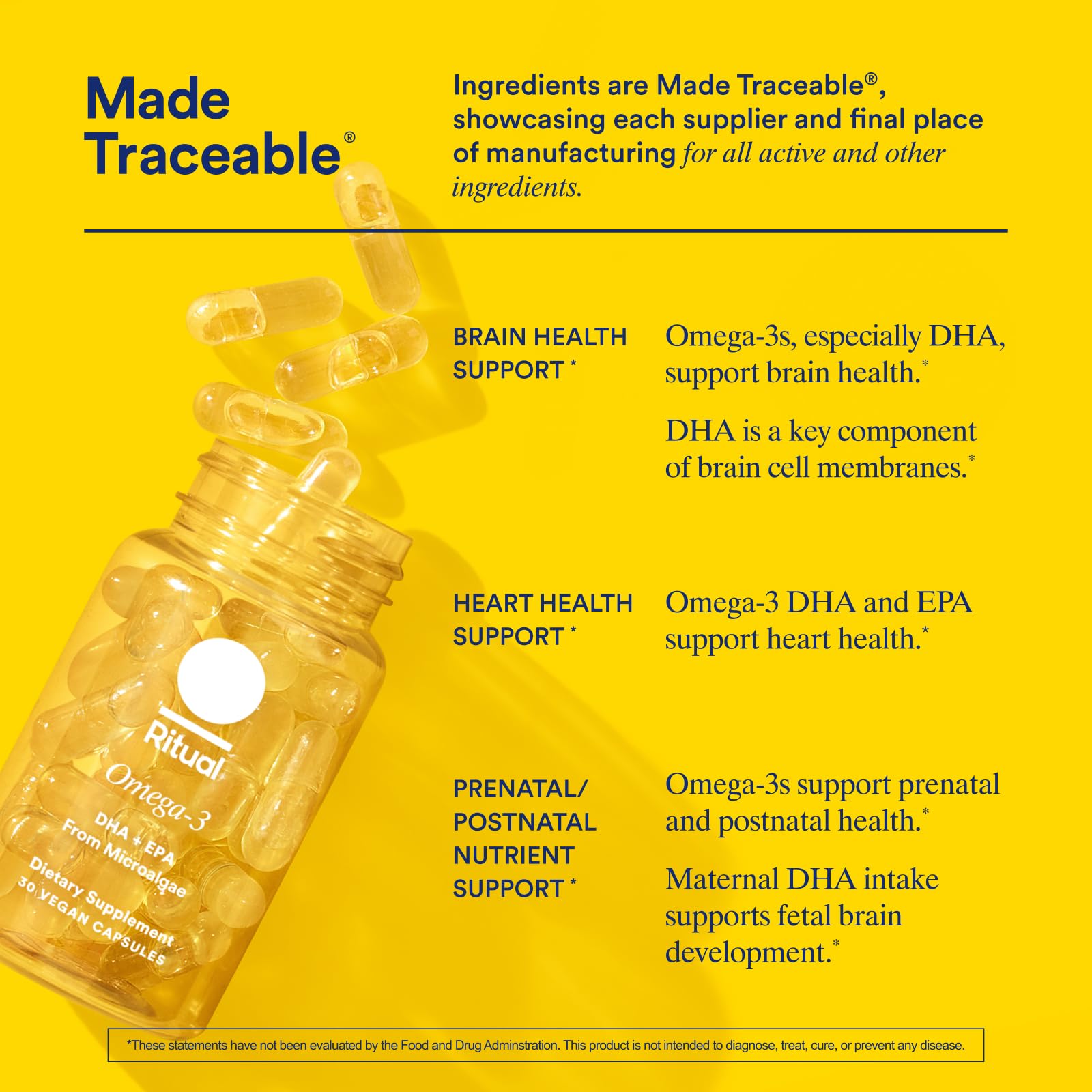 Ritual Omega 3 - Vegan - Science-Backed Dose of DHA & EPA Fatty Acids in 2:1 Ratio, Bioavailable, Brain and Heart Health Support, Minimal Burp-Back, Sustainably Sourced Microalgae, 30 Day Supply Ritual uk supplements
