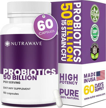 Nutrawave 50 Billion Probiotics for Women & Men, 15 Strains Active Culture. Relieves Bloating & Constipation, Improved Digestion & Gut Health Supplement, Vegan. 60 Powerful Small Capsules. Nutra Wave uk supplements