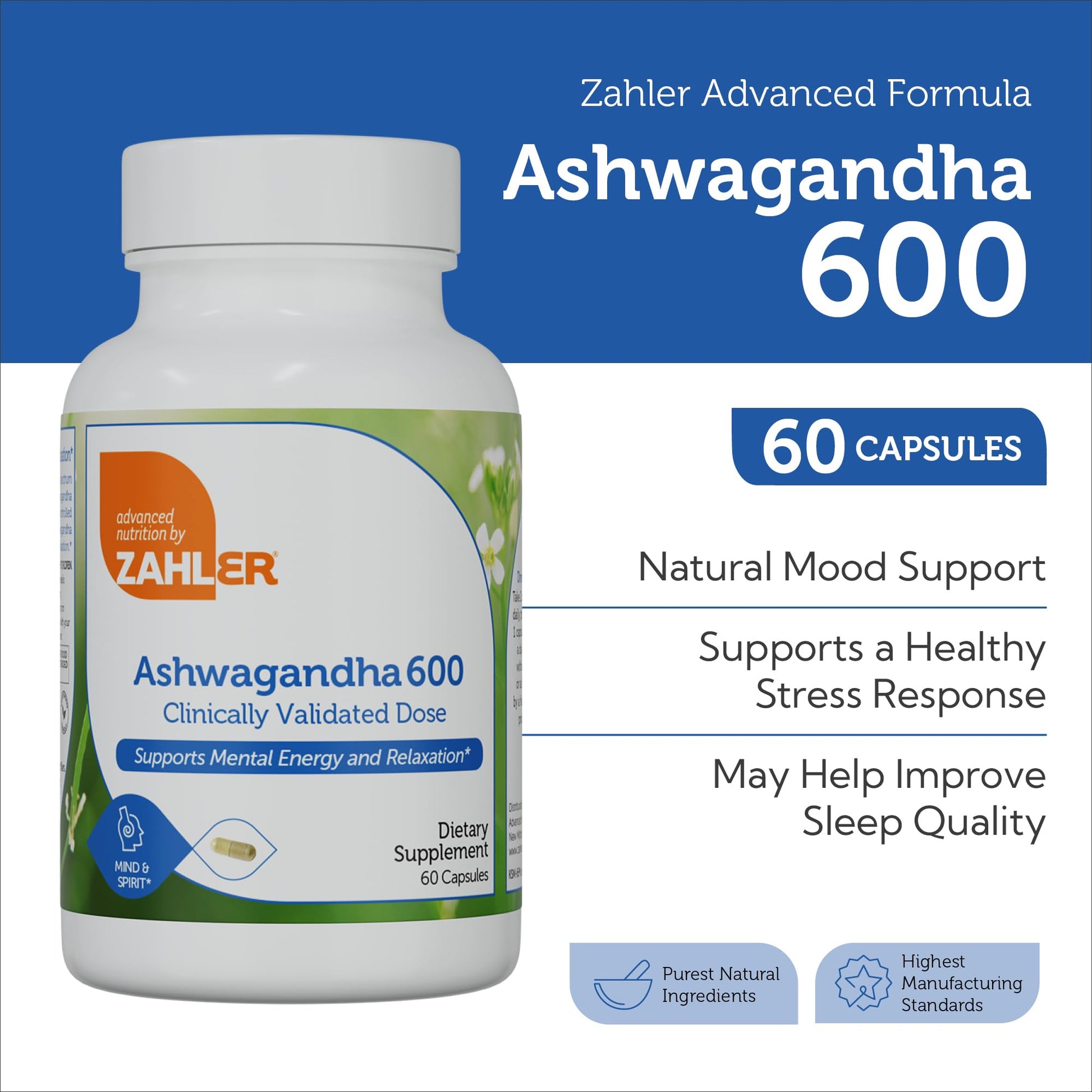 Zahler Ashwagandha Capsules, KSM-66 Aswhagandha 600mg Supplement, Relaxation and Stress Support, Kosher, 60 Capsules Zahler uk supplements