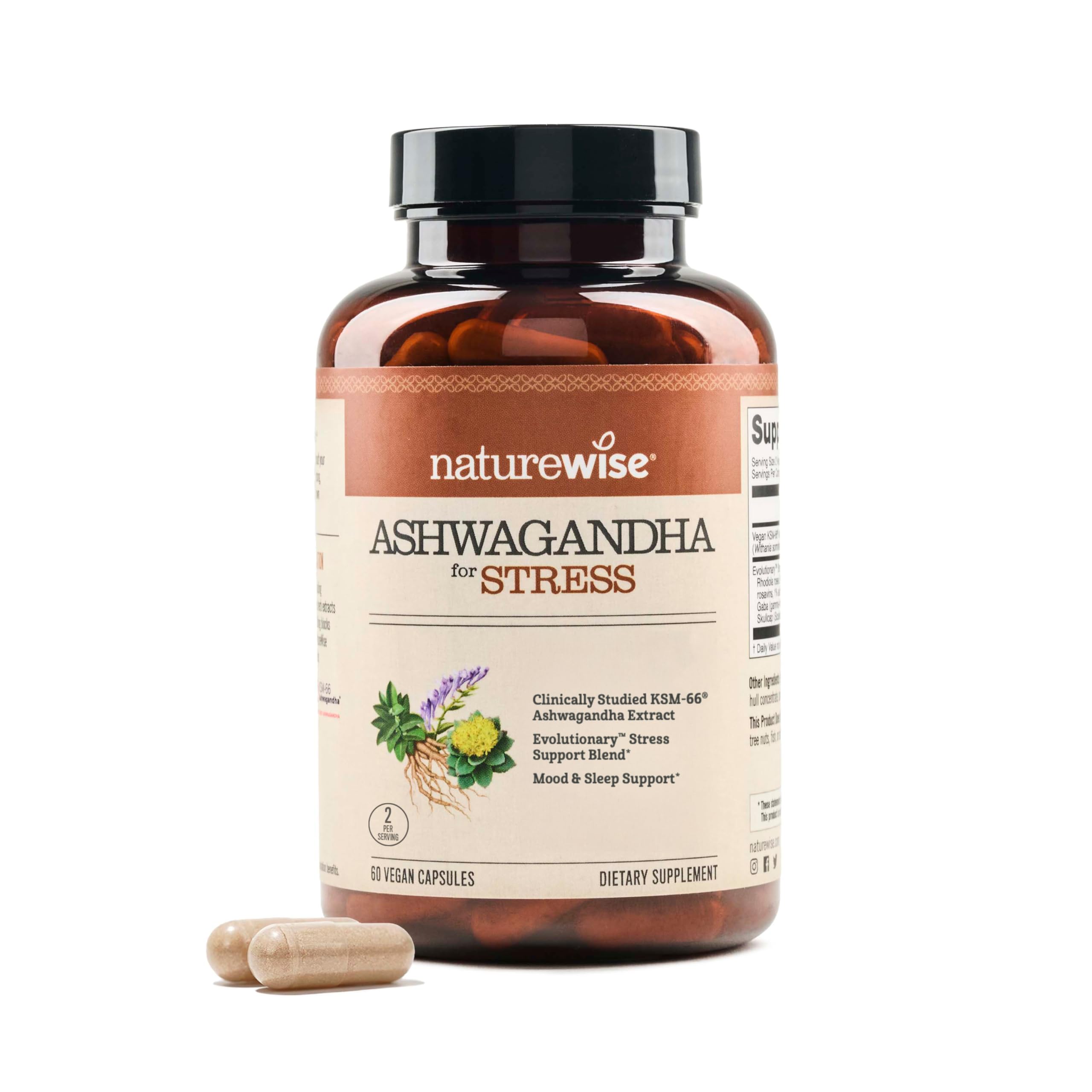 NatureWise Ashwagandha for Stress - With KSM-66 Extract, GABA, L-Theanine, Rhodiola Rosea - Herbal Mood & Sleep Support - Vegan, Non-GMO, Gluten-Free - 60 Capsules[1-Month Supply] NatureWise uk supplements