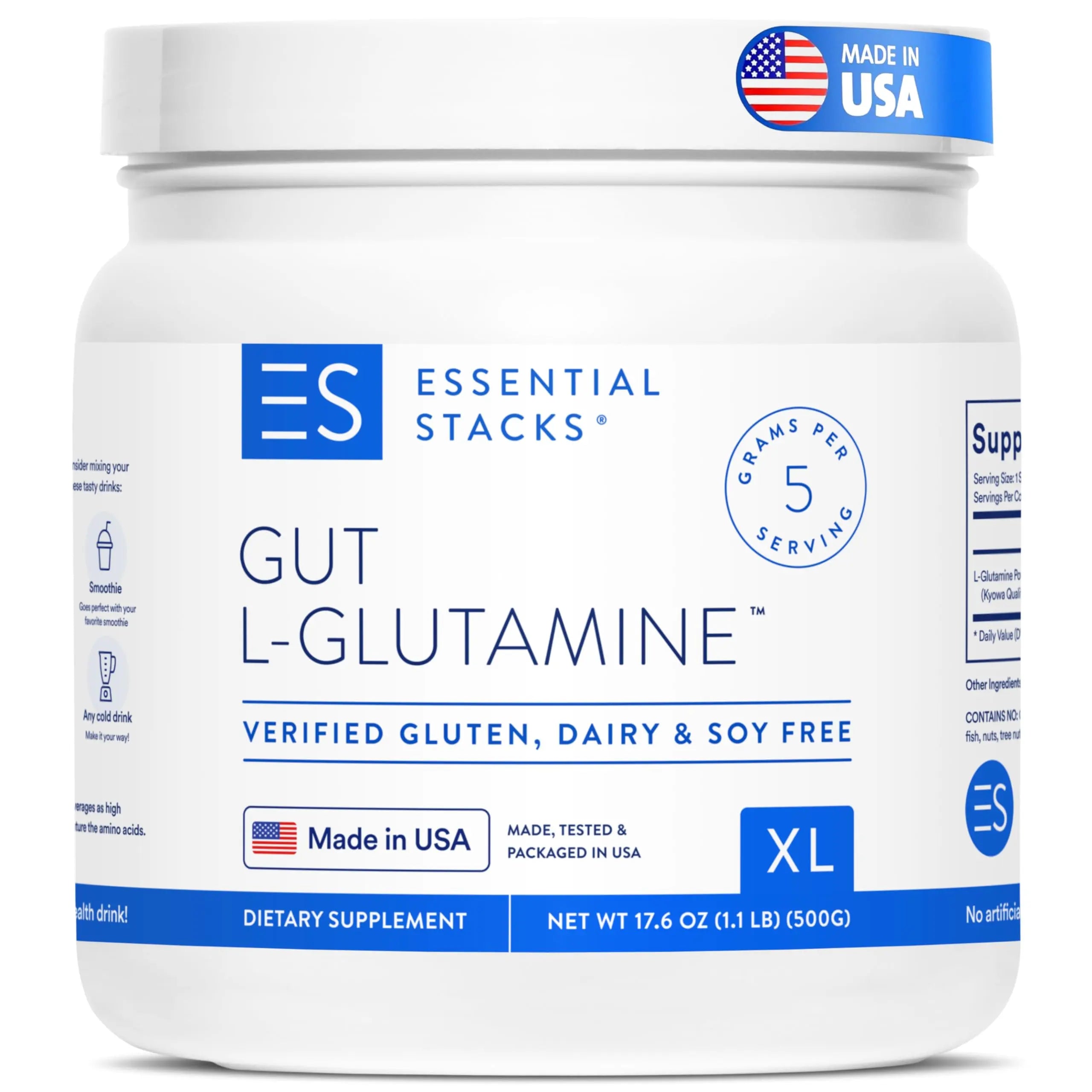 Essential Stacks Gut L-Glutamine Powder - Exclusively Made in USA - Pure L Glutamine Powder for Gut Health (100 Servings, Unflavored) Essential Stacks uk supplements
