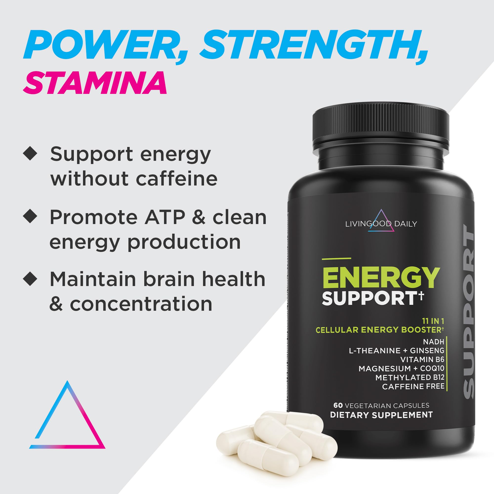 Livingood Daily Energy Support, 11-in-1 Supplement with Magnesium, Vitamin B6, B12, Amino Acids, L Carnitine, CoQ10, Ginseng & L Theanine, Supports Natural Energy for Men & Women, Vegan, 60 Capsules Livingood Daily uk supplements
