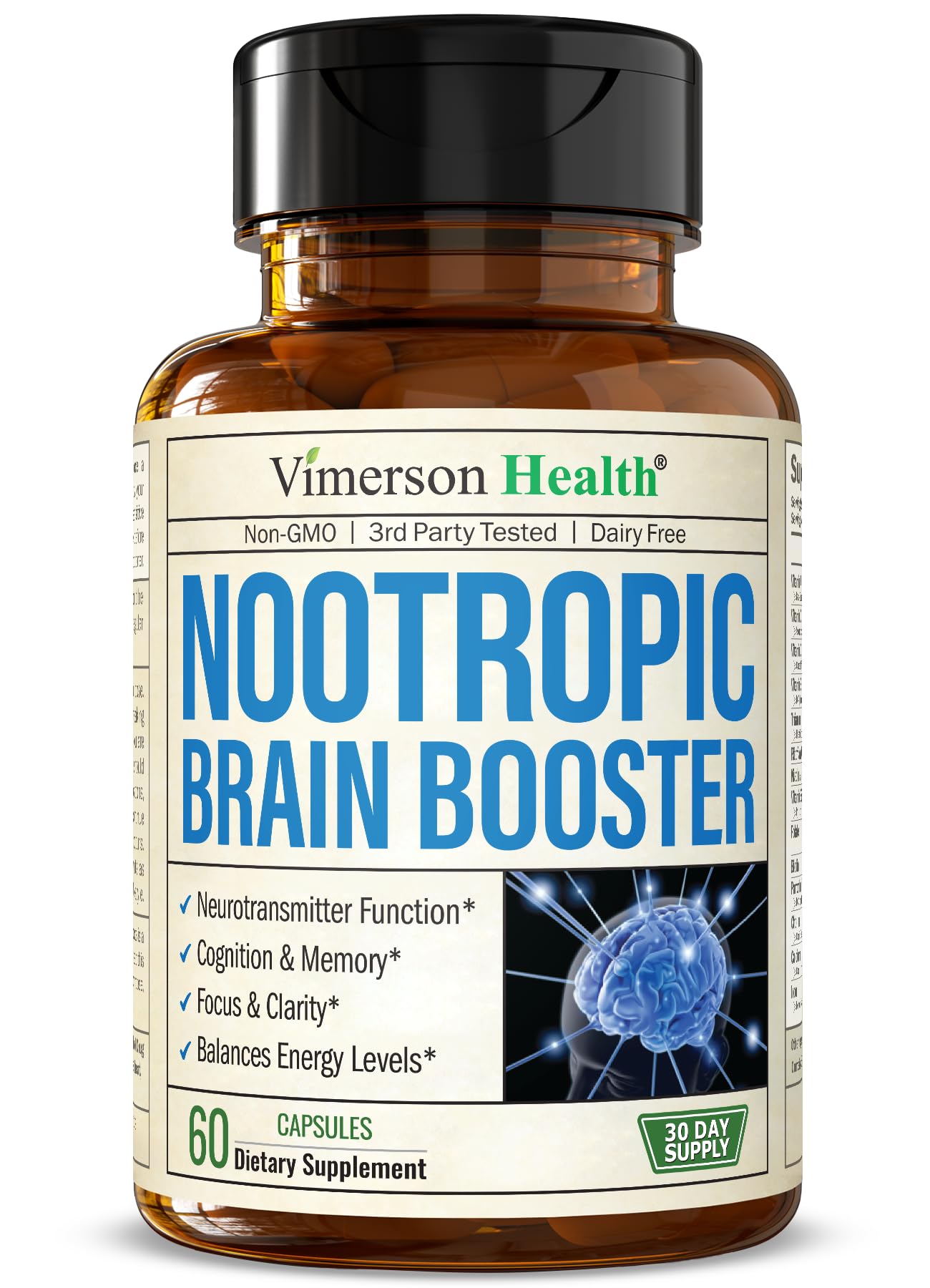 Nootropics Brain Support Supplement - Nootropic Brain Booster for Improved Focus, Concentration & Memory. Brain Nootropic for Brain Health, Mood & Energy Support. Non-GMO. Made in the USA. 60 Capsules Vimerson Health uk supplements