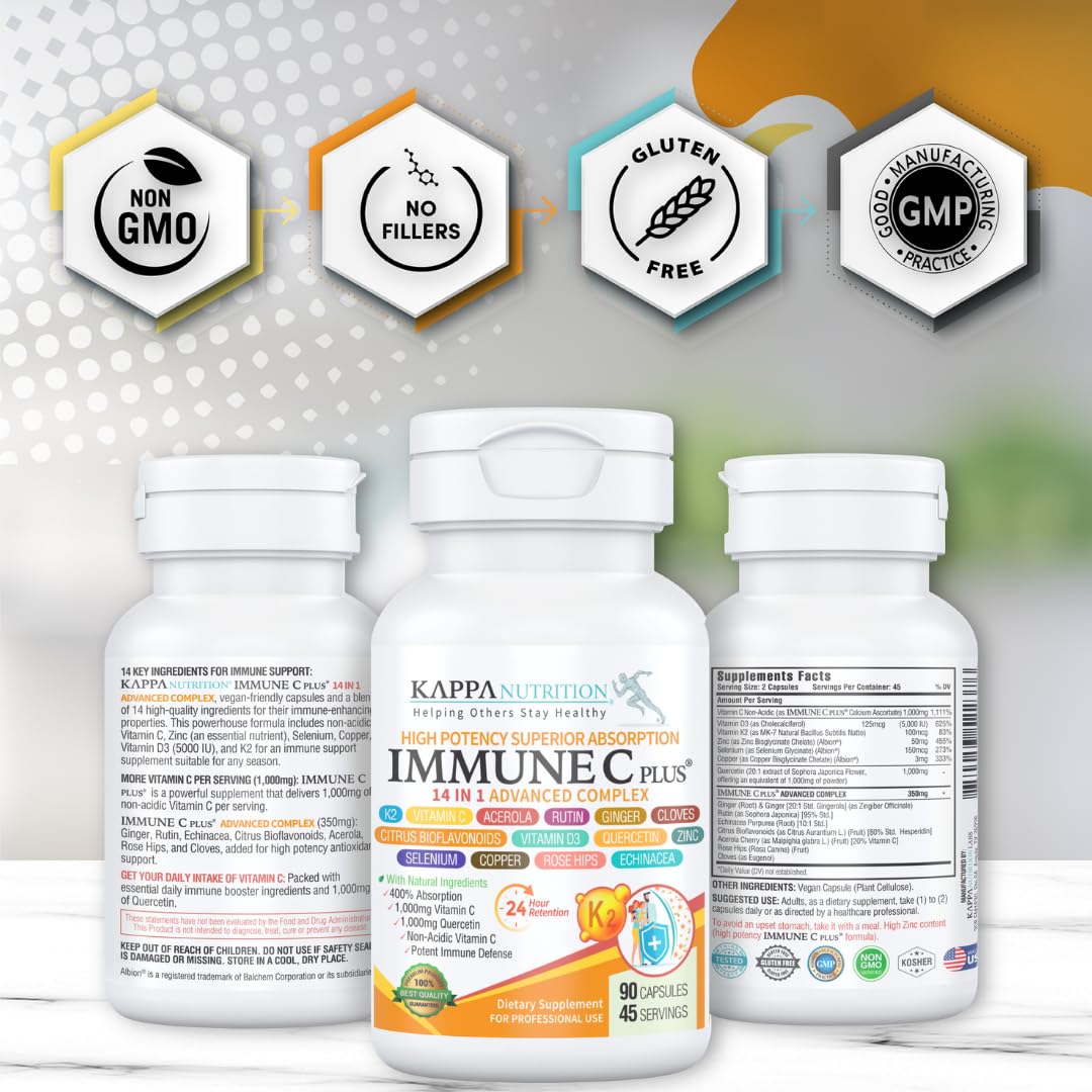 Quercetin 1,000mg, Vitamin C 1,000mg, Zinc 50mg, Vitamin D3 5,000iu, Selenium, Copper, Acerola, Ginger, Rutin, Bitter Orange, Rose Hips, Echinacea, Immune C Plus, 14 in 1 Immune C Plus (90 Count) KAPPA NUTRITION uk supplements