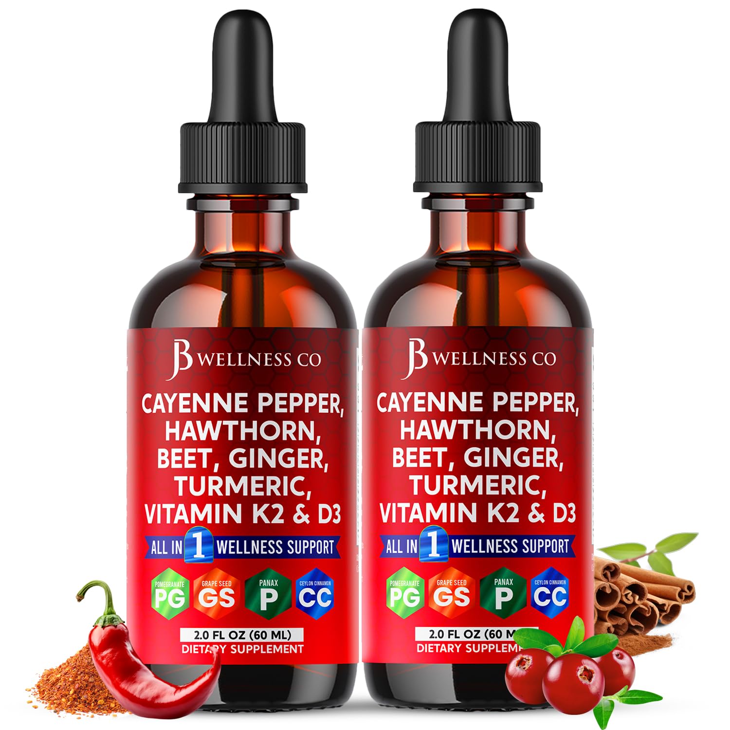 Cayenne Pepper Supplement Liquid Drops + Hawthorn Berry, Vitamin D3 K2 Beet Root Powder, Ceylon Cinnamon, Turmeric Curcumin, Organic Panax Ginseng - 4oz JB Wellness Co uk supplements
