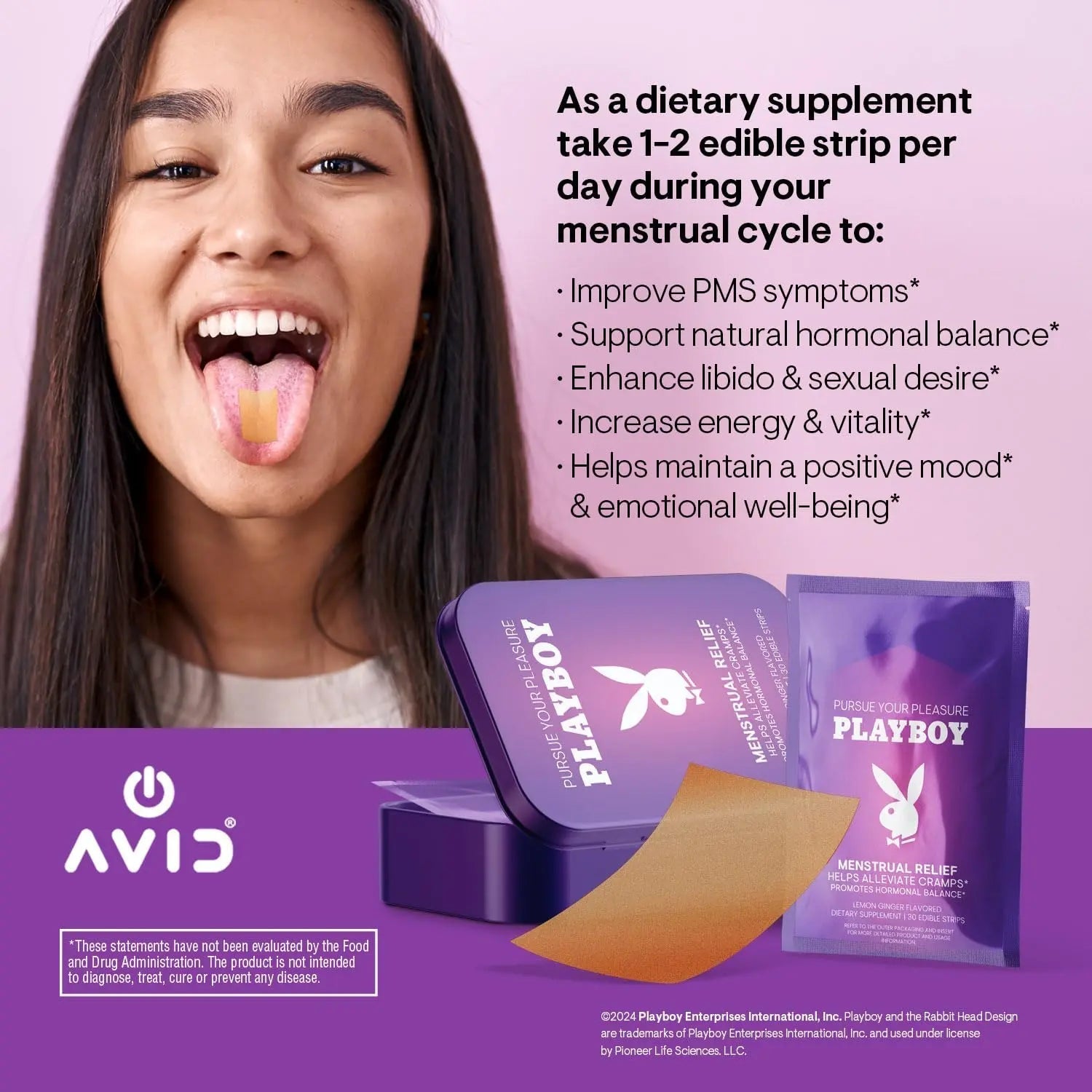 AVID Playboy - Menstrual Relief PMS Oral Strips (30 Edible Strips) Fast Dissolving PMS Cramp Relief & Hormonal Balance Strips for Women - Lemon Ginger Flavored Multi-Benefit PMS Supplement for Women Avid uk supplements