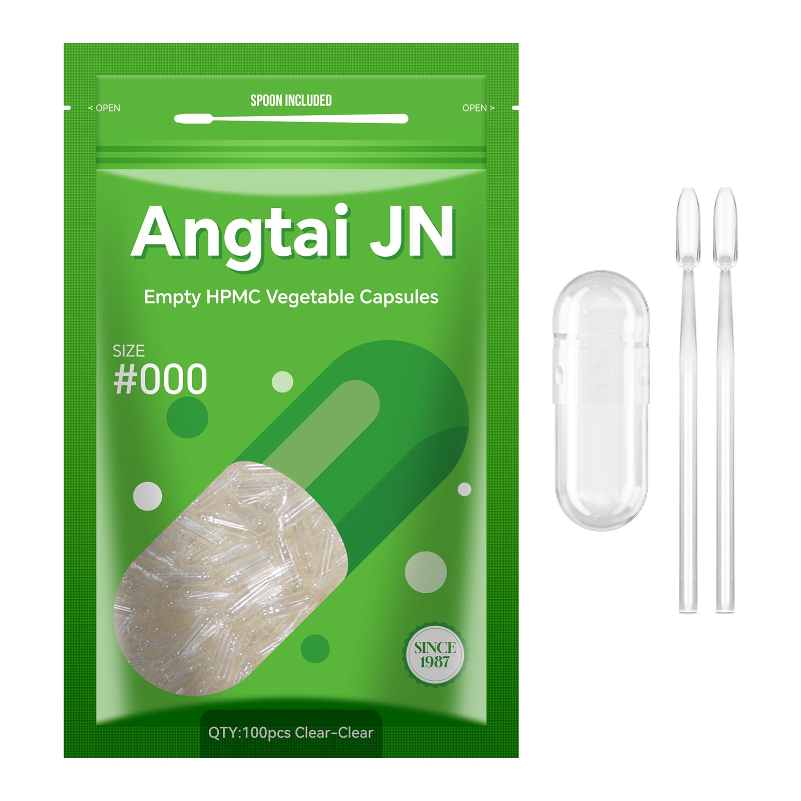 Angtai JN Capsules Size 000 Vegan Empty Plant Based Clear (100 Count) Gluten Free, Non-GMO, Halal Certified Pill Caps Filling Kit with 2 Spoons for Vegetarian DIY Your Own Supplements Angtai JN uk supplements