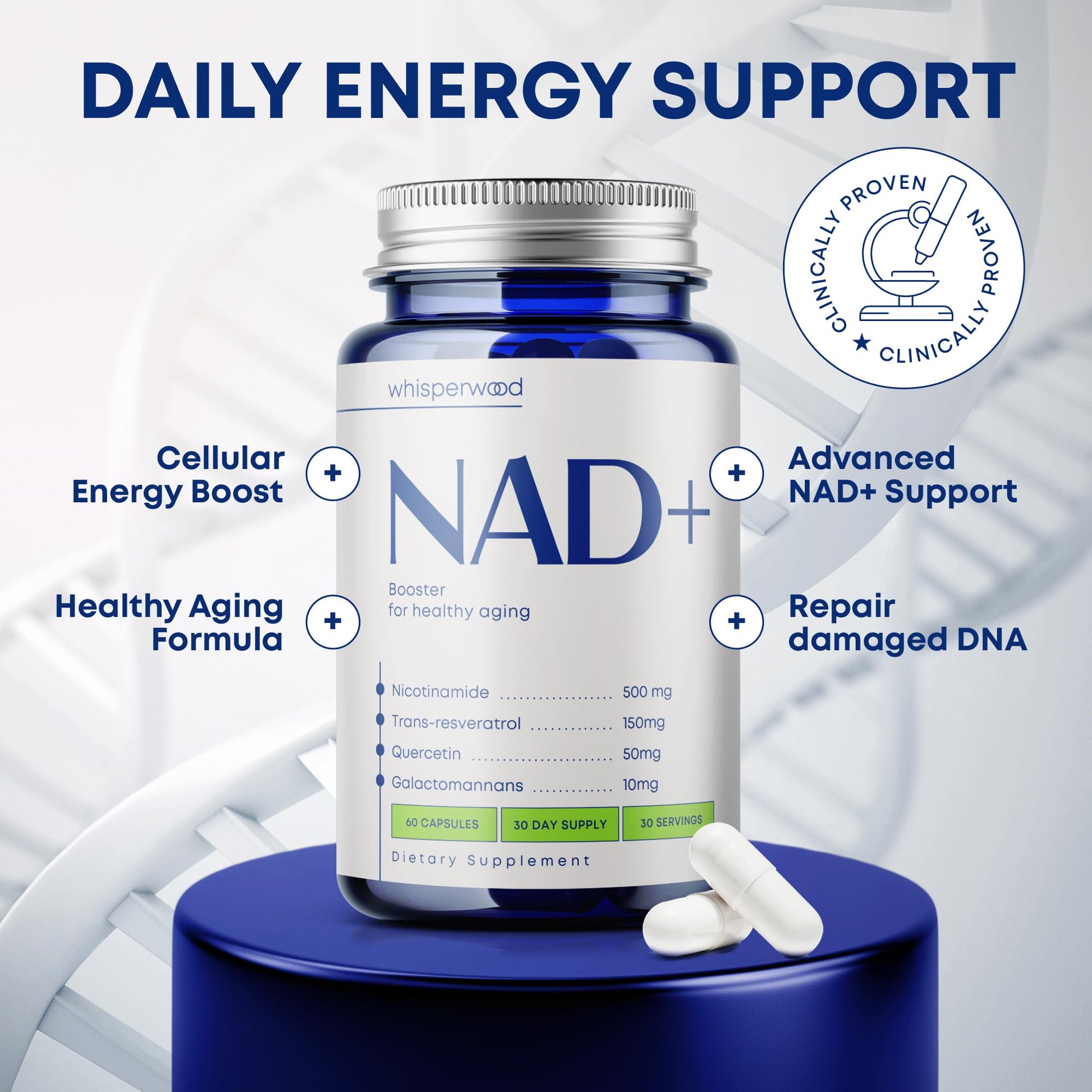 NAD+ Supplement with Nicotinamide Riboside, Trans Resveratrol & Quercetin – NAD Plus Complex for Energy, Brain & Mitochondrial Support – Antioxidant and Longevity Formula for Women & Men – 60 capsules WHISPERWOOD uk supplements