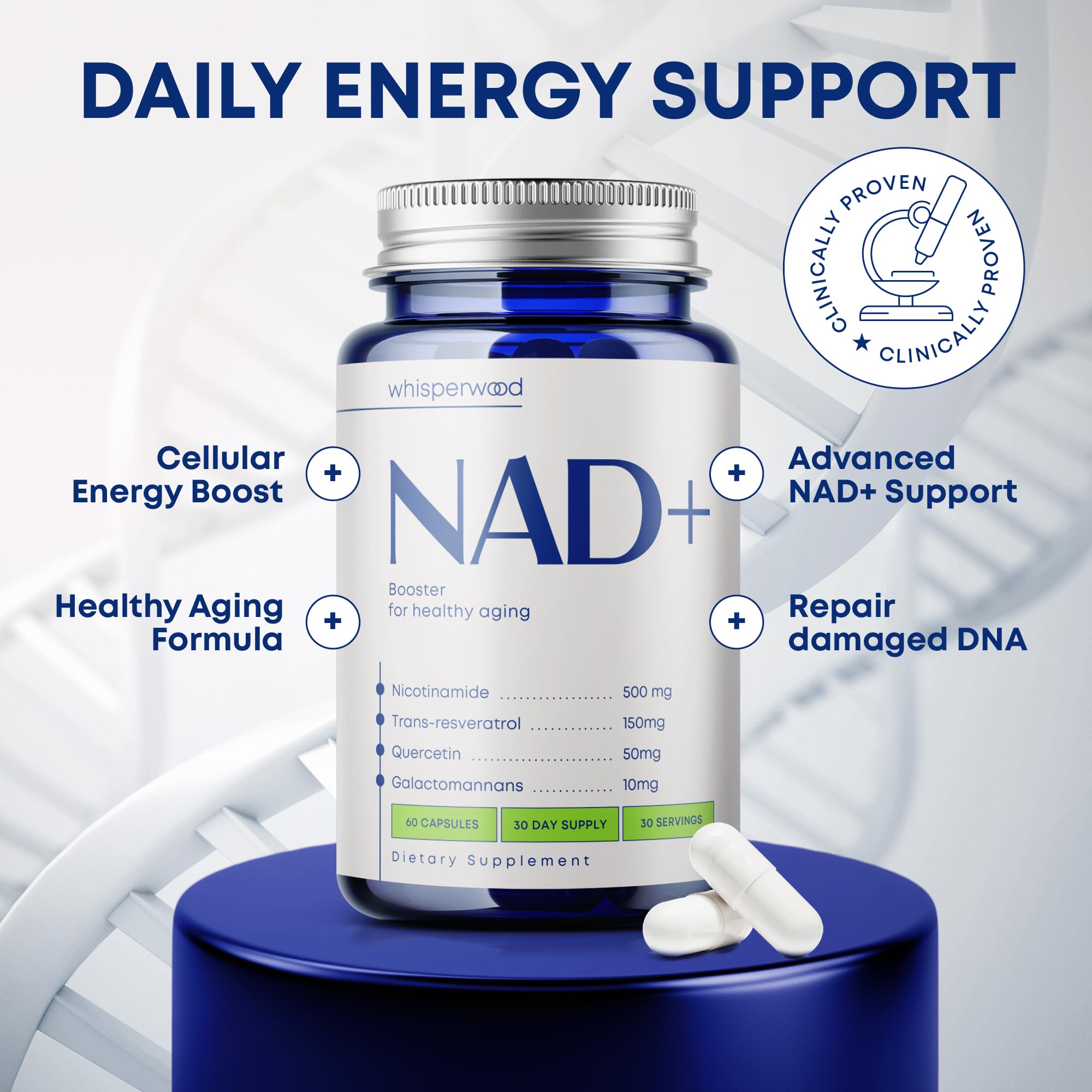 NAD+ Supplement with Nicotinamide Riboside, Trans Resveratrol & Quercetin – NAD Plus Complex for Energy, Brain & Mitochondrial Support – Antioxidant and Longevity Formula for Women & Men – 60 capsules WHISPERWOOD uk supplements