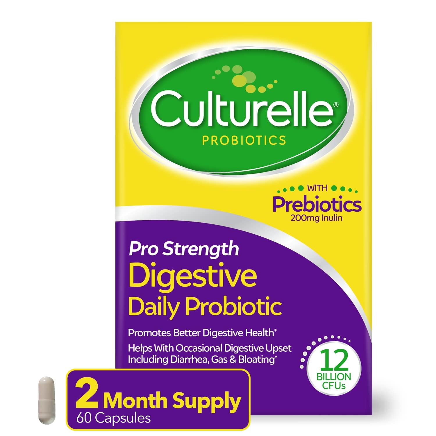 Culturelle Pro Strength Daily Probiotics For Digestive Health (2 Month Supply) with Prebiotics for Women & Men, Supports Occasional Diarrhea, Gas & Bloating, Gluten & Soy Free, 60 Count Culturelle uk supplements