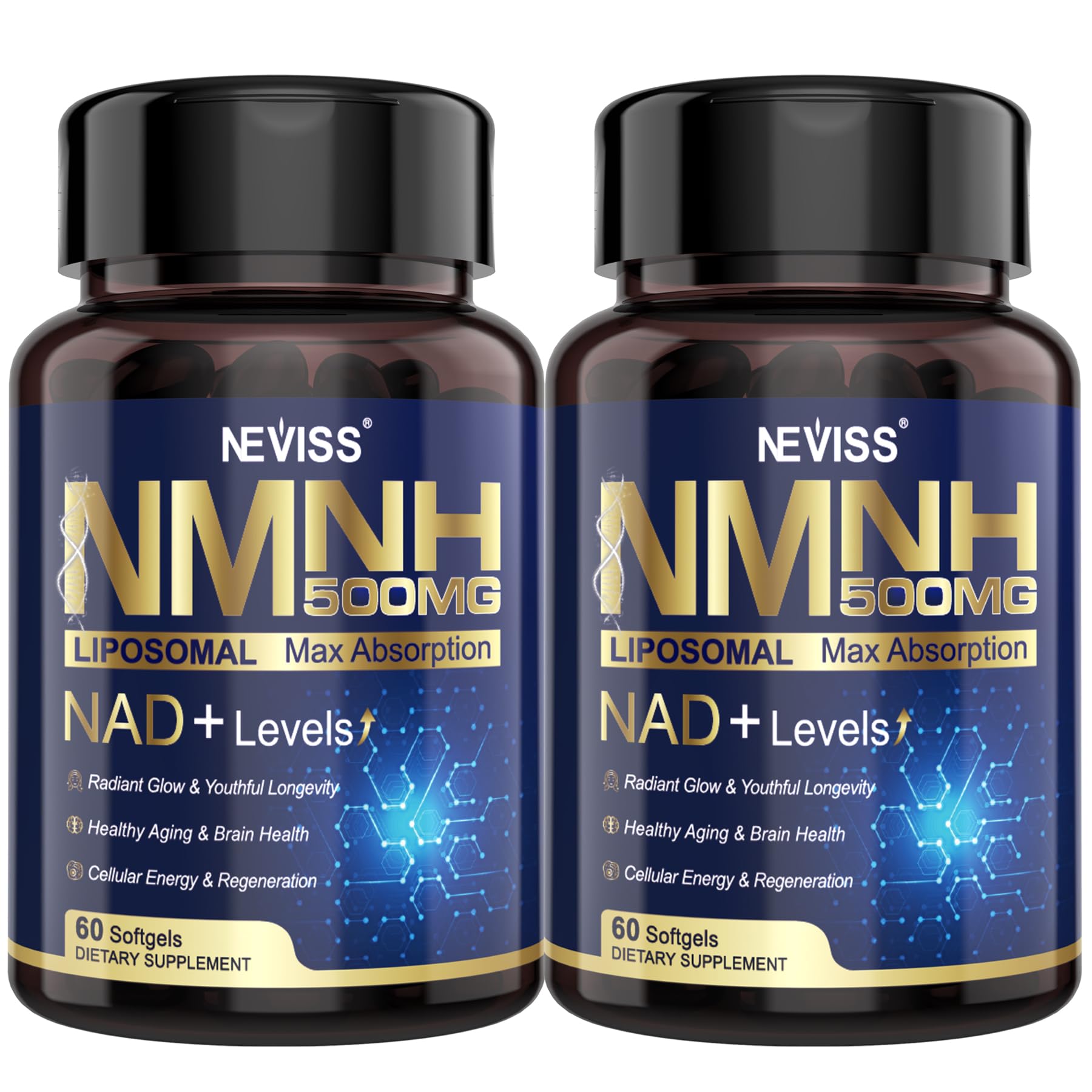 2Pack NAD+ Supplement, Next-Gen NMNH Liposomal 500mg, NR NMN Supplement Alternative, High Absorption NAD+ with Curcumin, Niacinamide for Cellular Energy, DNA Repair, Healthy Aging, 120 Softgels NEVISS uk supplements