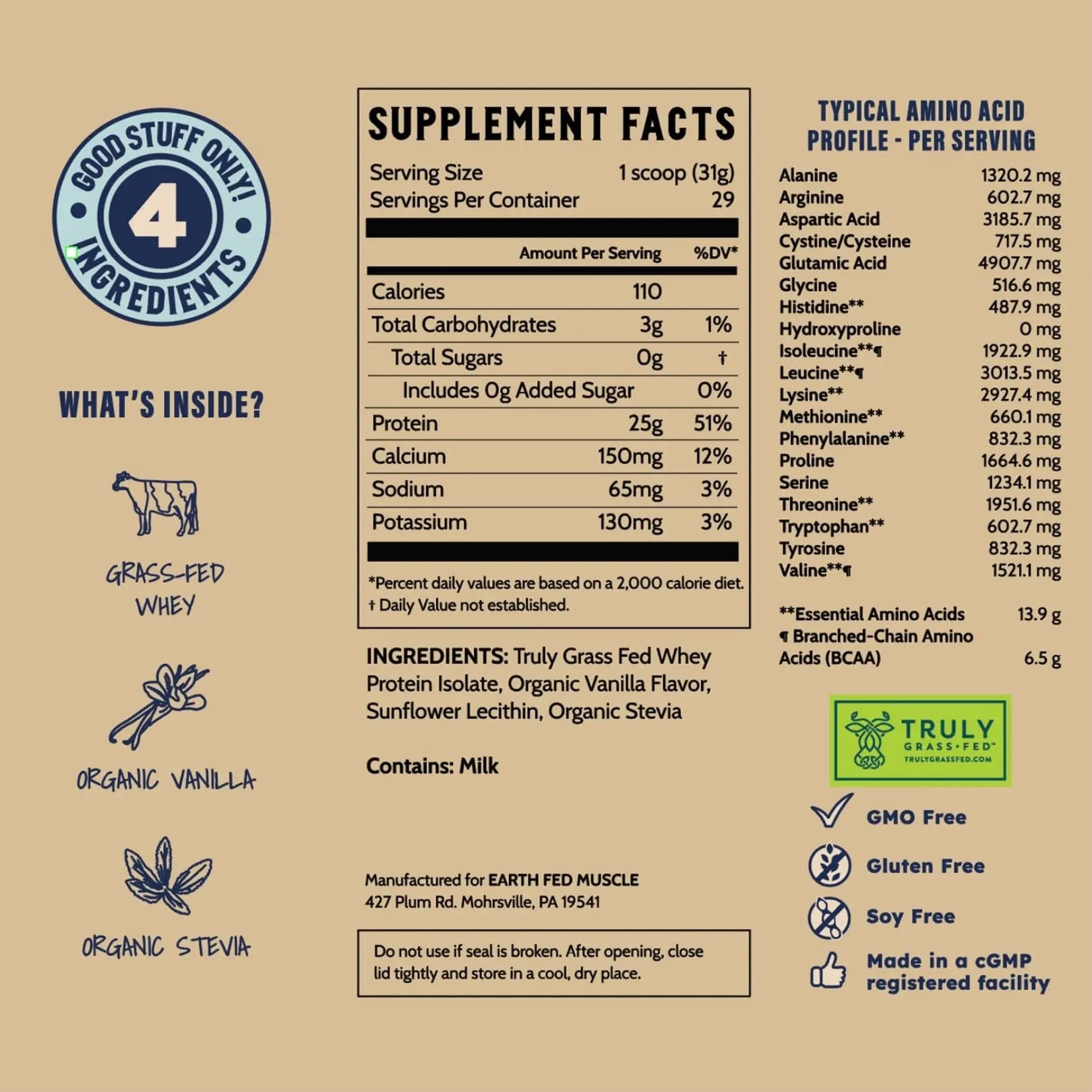 Earth Fed Muscle Whey Back Irish Grass Fed Whey Protein Isolate, Third-Party Certified. 25g Protein, Vanilla - Non-GMO, Hormone Free, Soy Free, Gluten Free - 2 LB, 29 Servings Earth Fed Muscle uk supplements