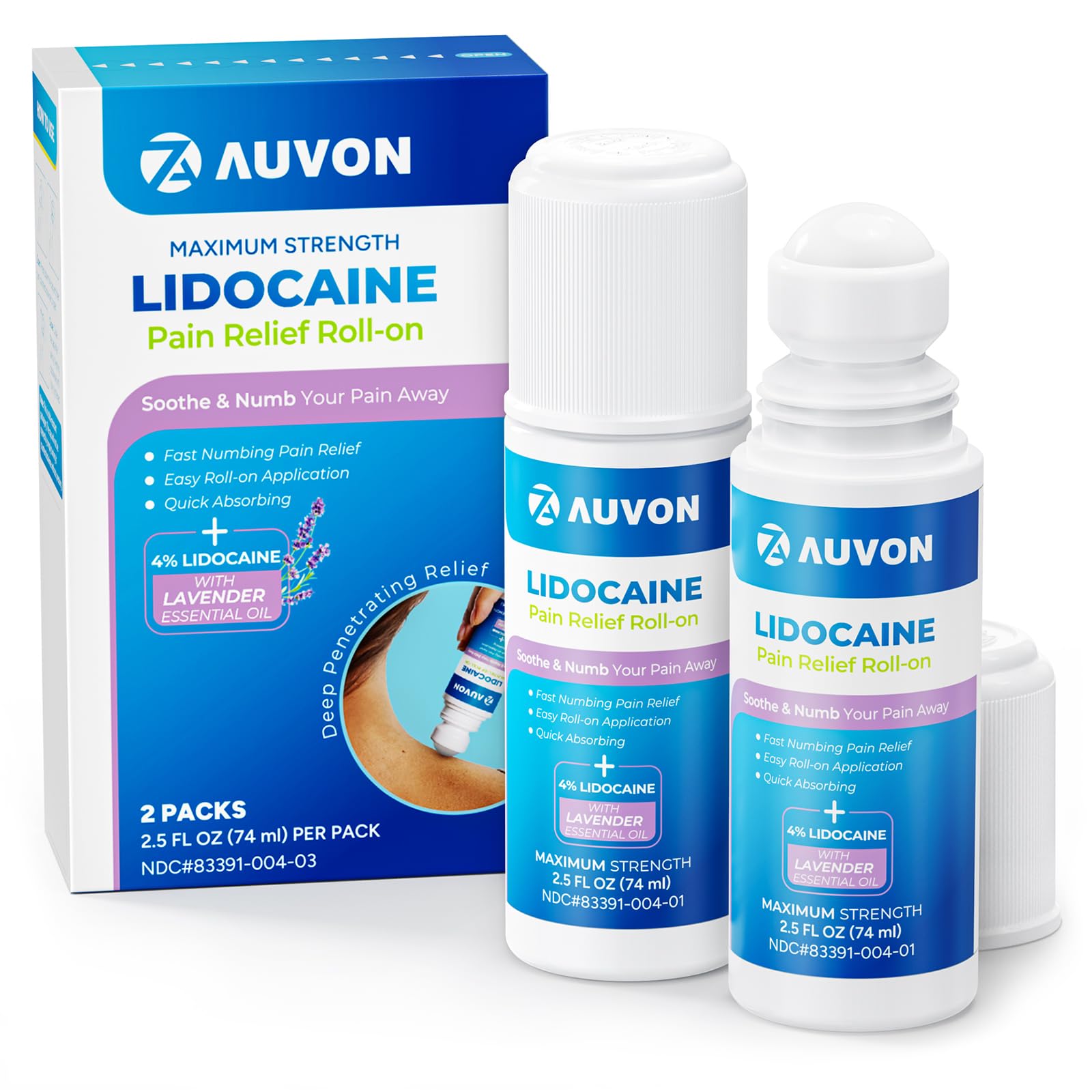AUVON Max Strength Lidocaine Pain Relief Roll-On with Lavender Essential Oil, No Mess Applicator, Quick Absorbing to Numb & Soothe Pain Relief for Knees, Shoulders, 2.5 Oz, 2 Packs AUVON uk supplements