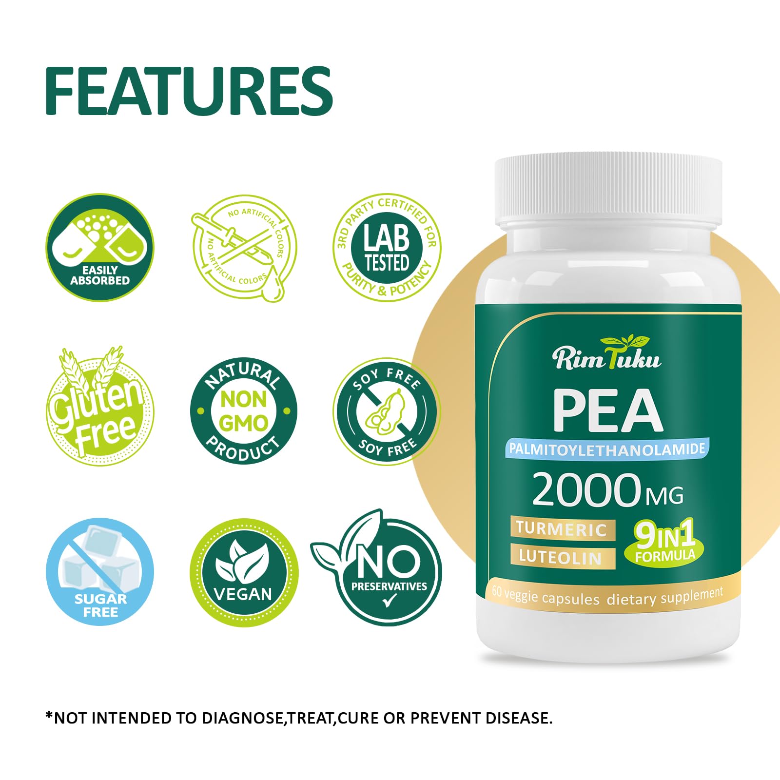 Liposomal Palmitoylethanolamide 2000MG + Luteolin 200MG + Turmeric 200MG & Fisetin 100MG, Micronized Pea 99% Highly Purified Enhanced Absorption Pea Supplement, 120 Capsules RimTuku uk supplements