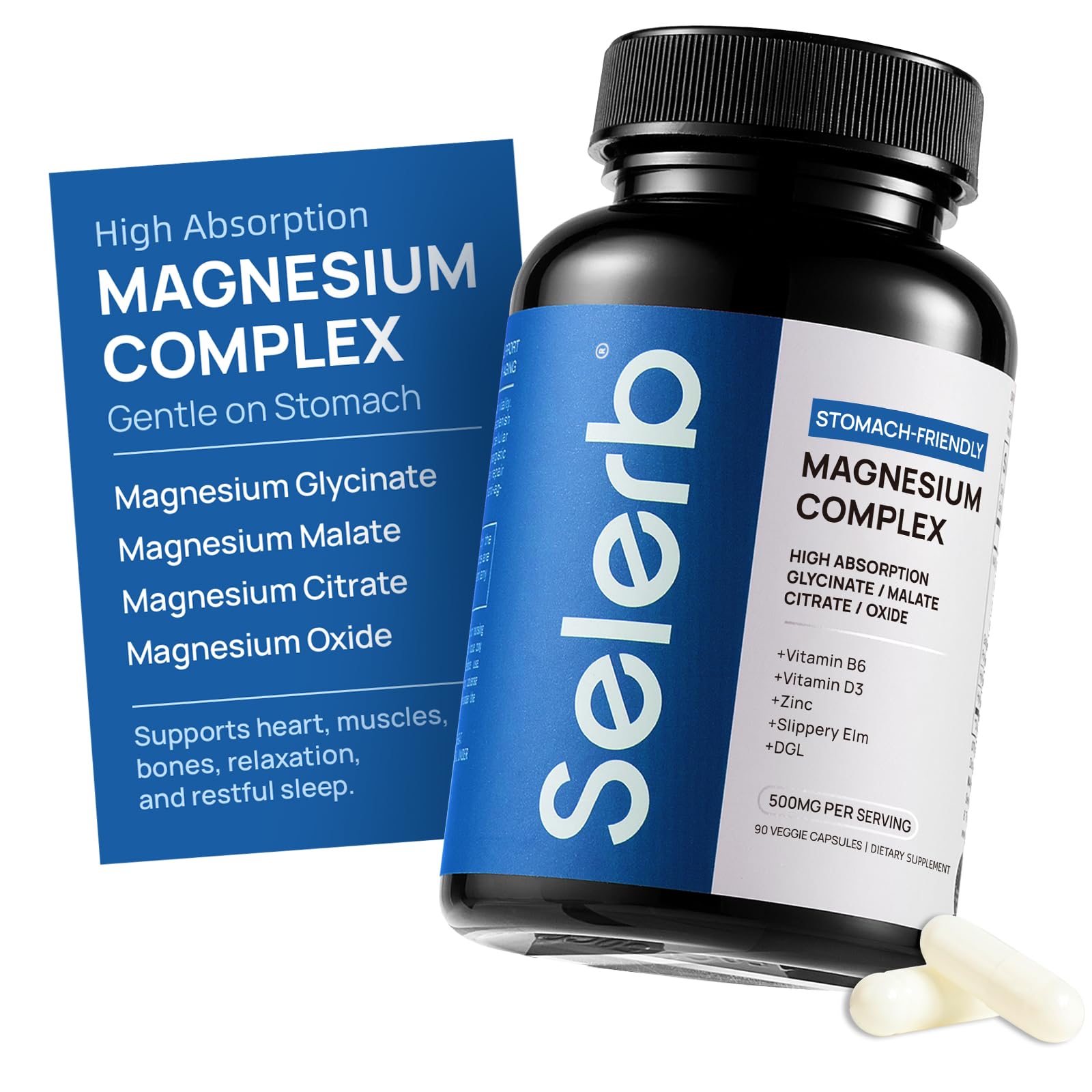 Selerb Magnesium Complex for Women and Men-Glycinate,Malate,Citrate,Oxide Supports Calm, Sleep, Muscle & Energy with D3, B6, Zinc, Slippery Elm & DGL Gentle on Stomach 90 Capsules Selerb uk supplements