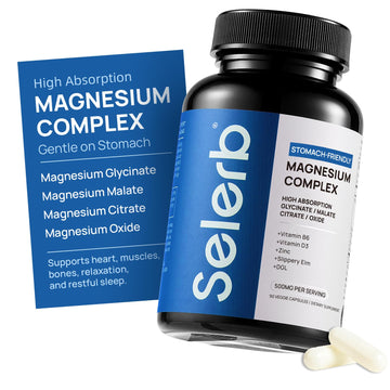 Selerb Magnesium Complex for Women and Men-Glycinate,Malate,Citrate,Oxide Supports Calm, Sleep, Muscle & Energy with D3, B6, Zinc, Slippery Elm & DGL Gentle on Stomach 90 Capsules Selerb uk supplements