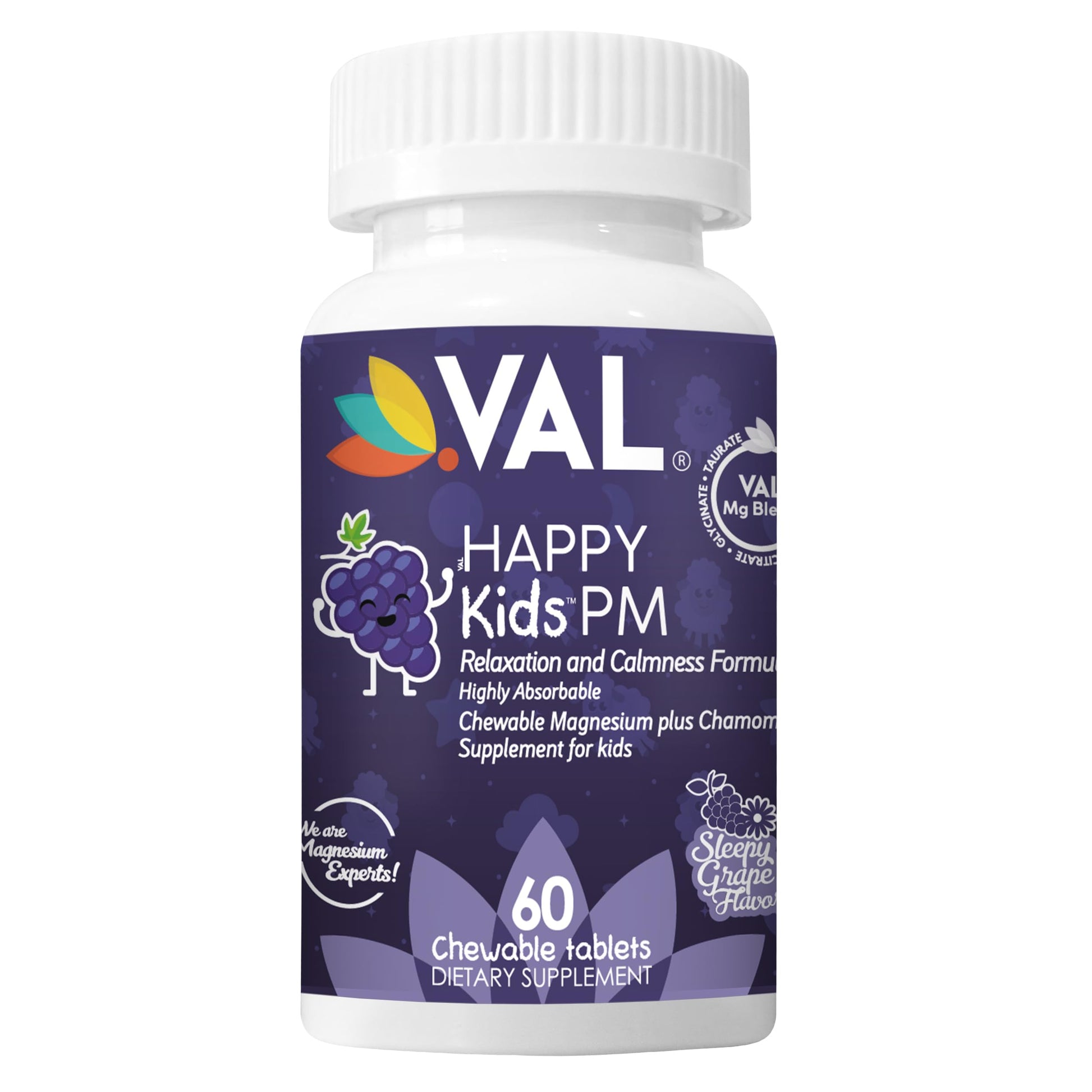 VAL Kids PM Magnesium Gummies | Sugar-Free Chewable Tablets with Chamomile, Magnesium Glycinate + Citrate + Taurate | Vitamin B6 & C | Natural Grape Flavor | Sleep & Calm Support | 60 Ct | Ages 4+ VAL uk supplements