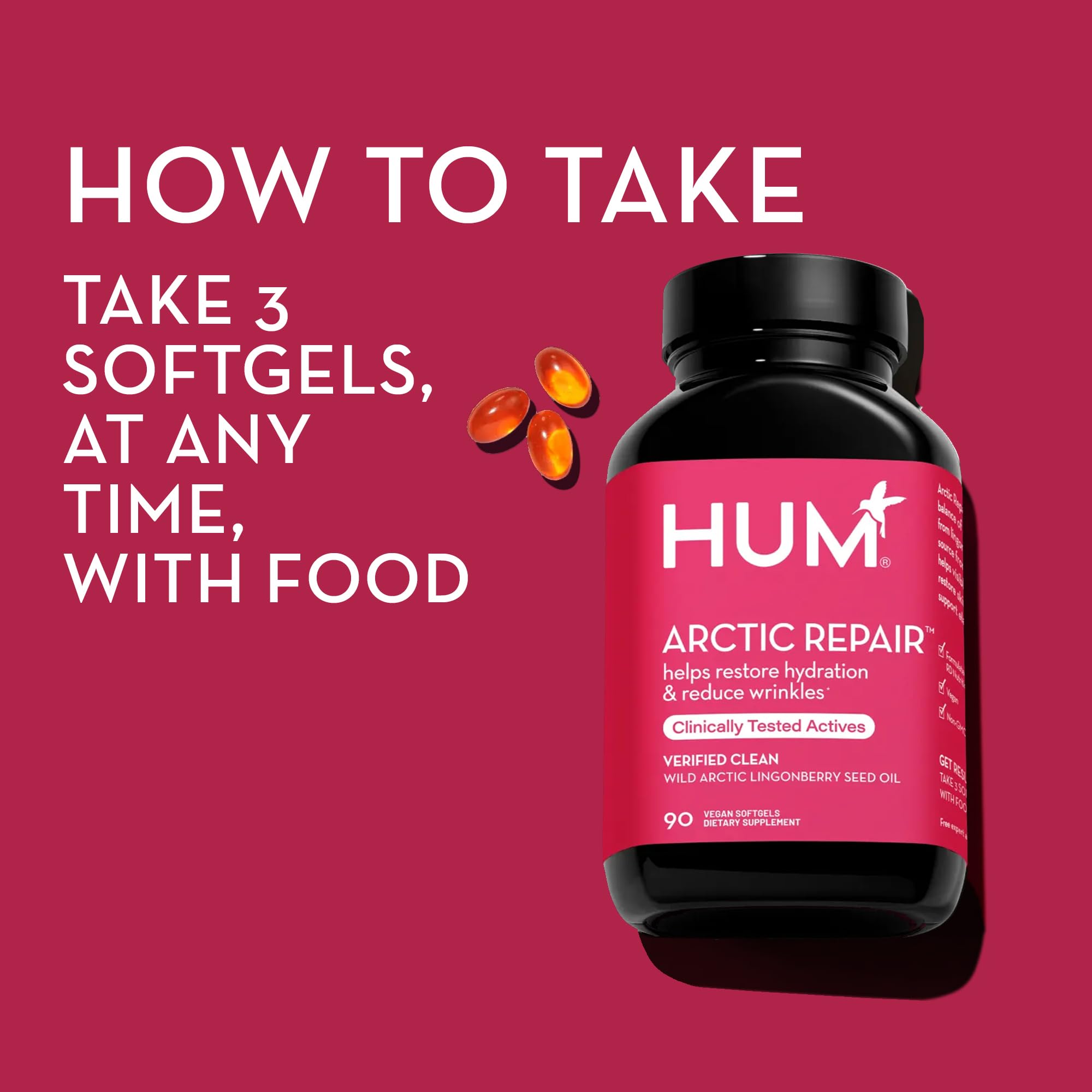 HUM Arctic Repair Clear Skin Supplement with Omega 3, Vitamin E, A, and Lingonberry Seed Oil, Skin Repair with Omega 3 6 9 to Help Support Appearance of Wrinkles & Hydrate, 90 Vegan Softgels HUM uk supplements