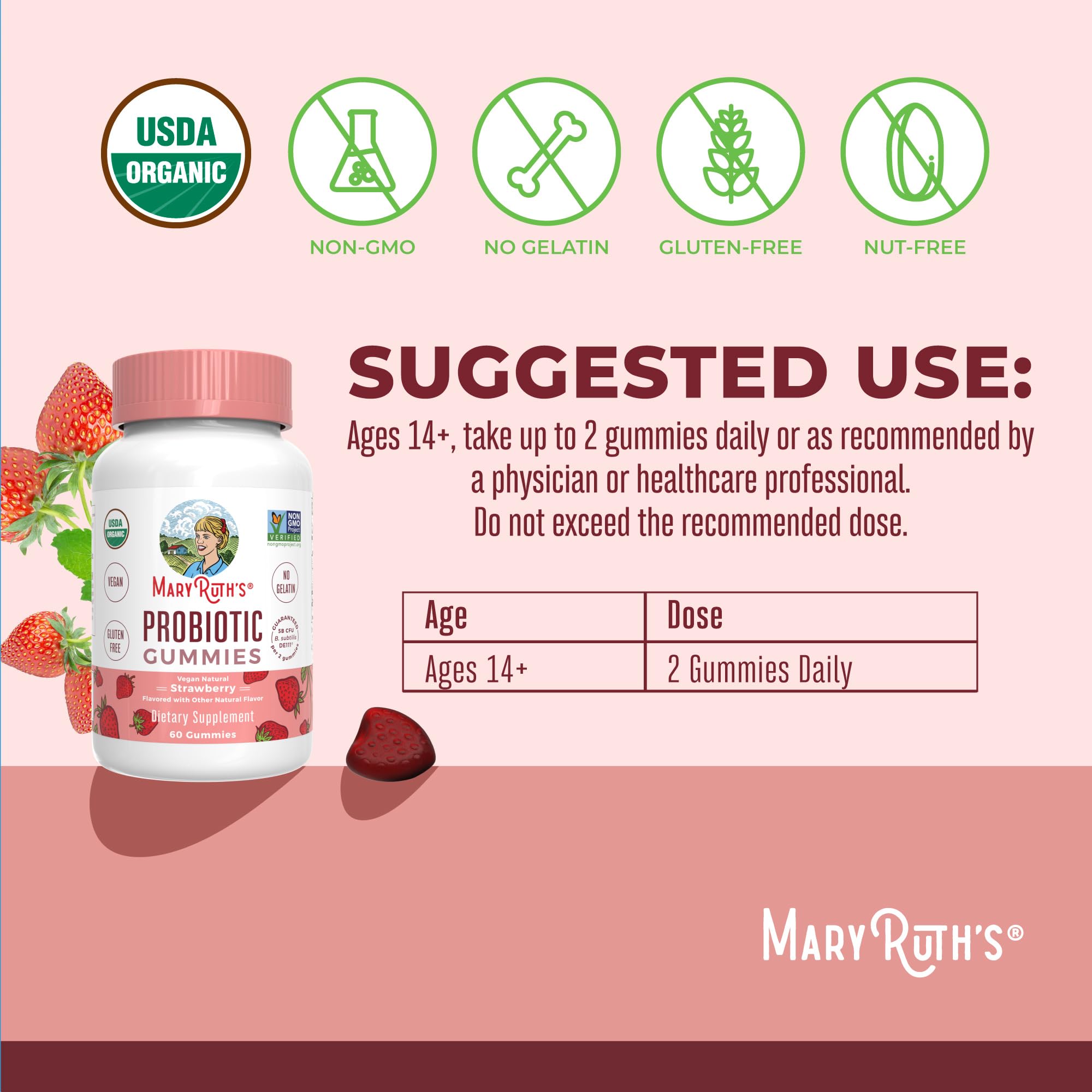 MaryRuth Organics USDA Organic Probiotic Gummies |Probiotics forWomen & Men Digestive Health & Gut Comfort Supplement 5 Billion CFU | Immune & Digestive Support | Vegan | Non-GMO | 60 Count MARYRUTH'S uk supplements
