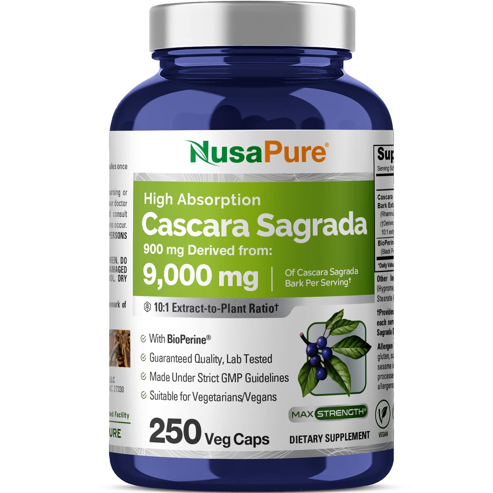 NusaPure Cascara Sagrada 10:1 Extract, 900 mg Equivalent to 9,000 mg per Veggie Caps - 250 Capsules (Non-GMO, Vegan) NusaPure uk supplements
