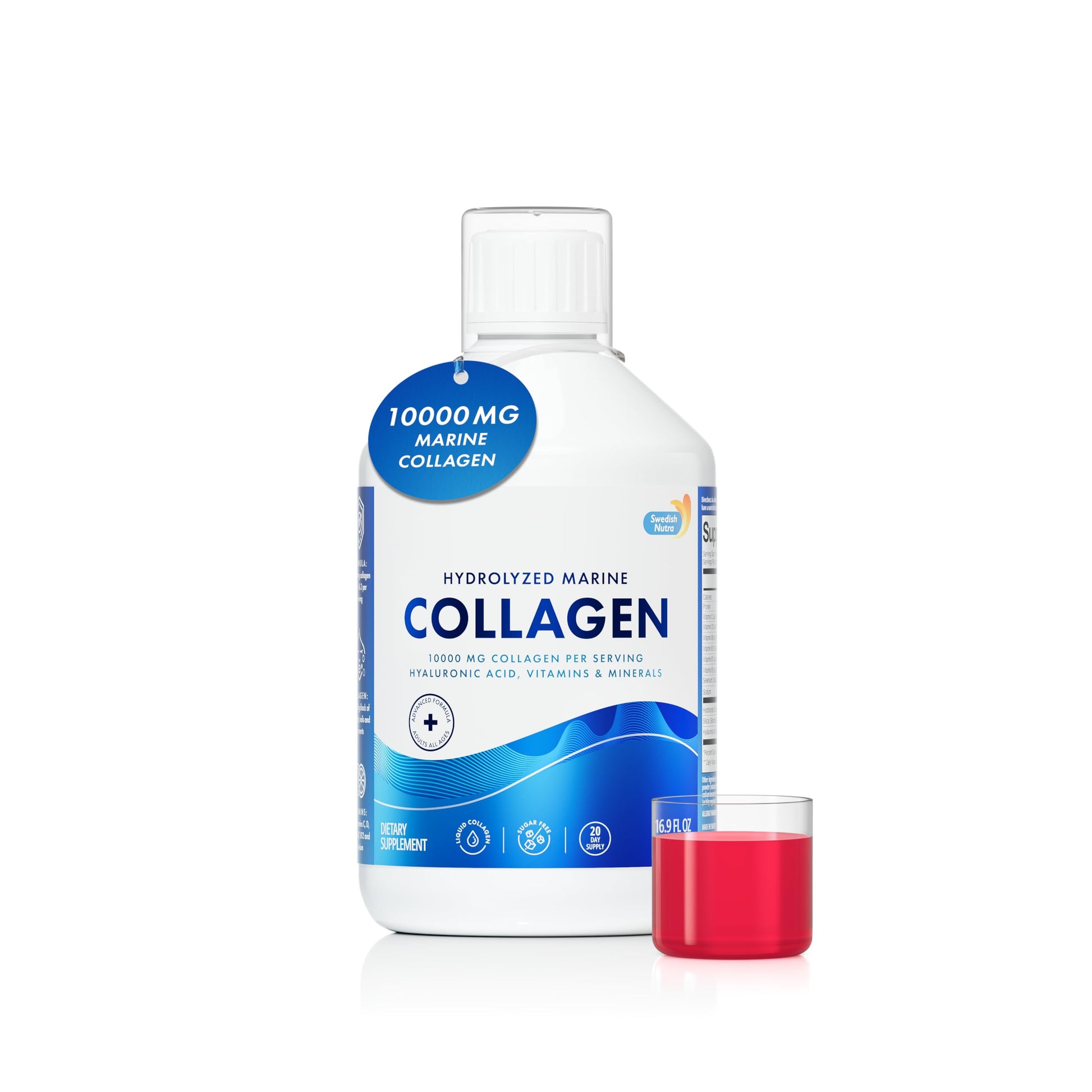 Swedish Nutra 10,000 mg Hydrolyzed Marine Collagen Liquid Supplement - 500 ml, 20 Day Supply | Hyaluronic Acid, Biotin & Vitamin C for Healthy Hair, Skin, Nails & Joints | For Men & Women | Sugar-Free Swedish Nutra uk supplements