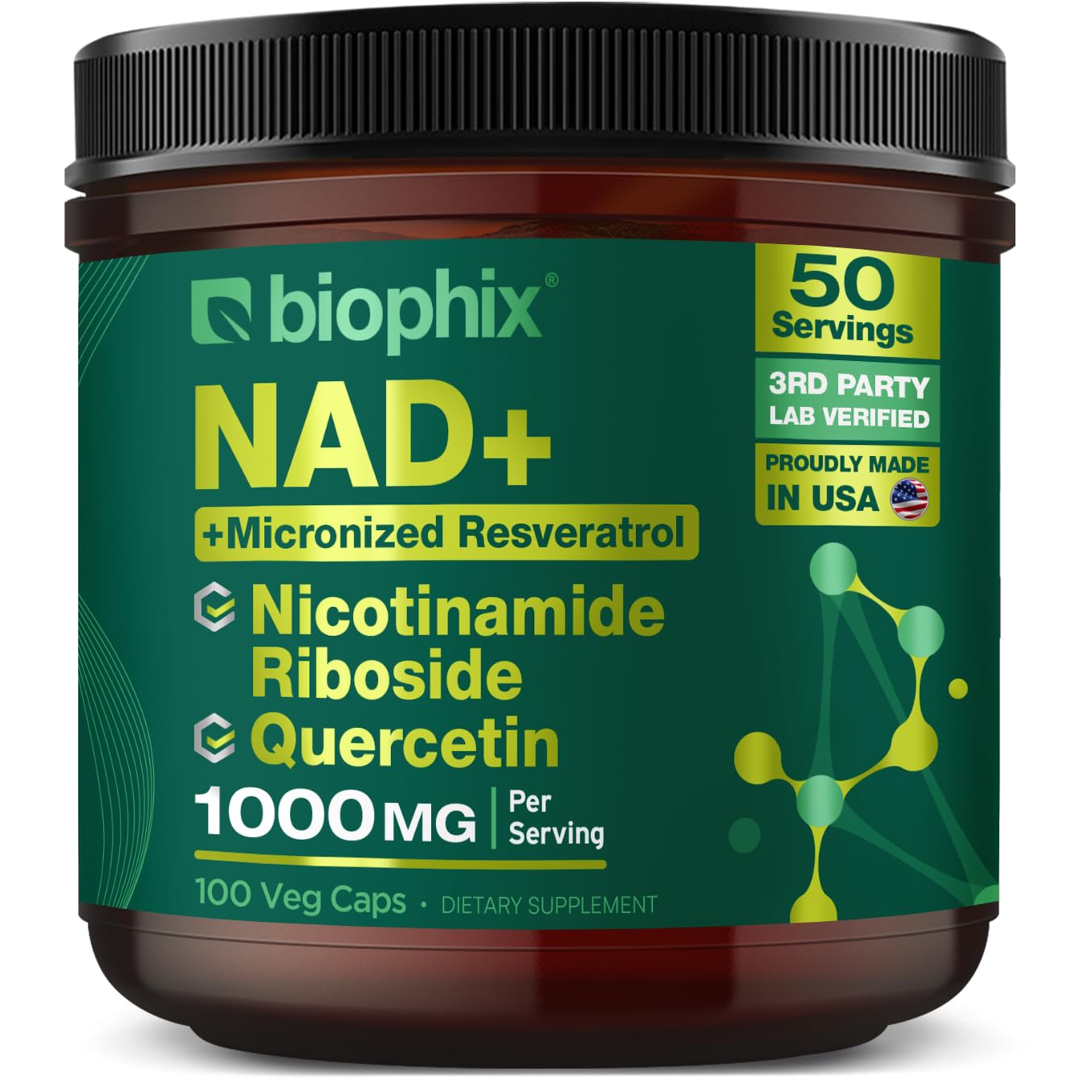 biophix NAD+ Liposomal Supplement for Women & Men - 1000 mg per Serving - Nicotinamide Riboside, Micronized Resveratrol & Quercetin Complex - 100 Veg Capsules - Non-GMO, Gluten-Free, cGMP Certified biophix uk supplements